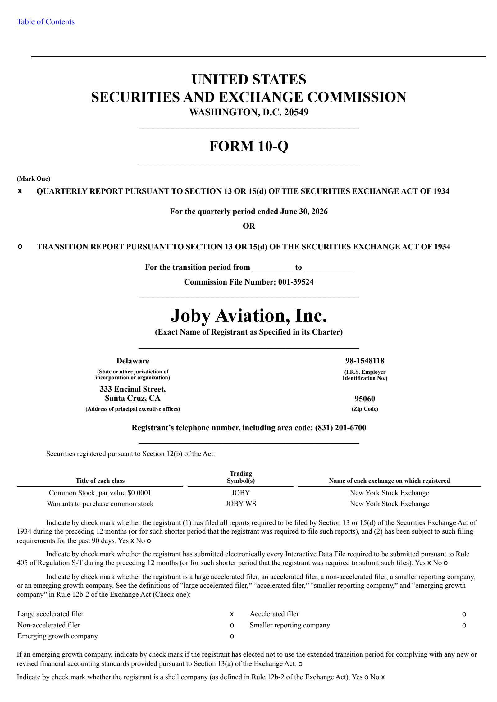 Joby Aviation's Q2 2026 Quarterly report