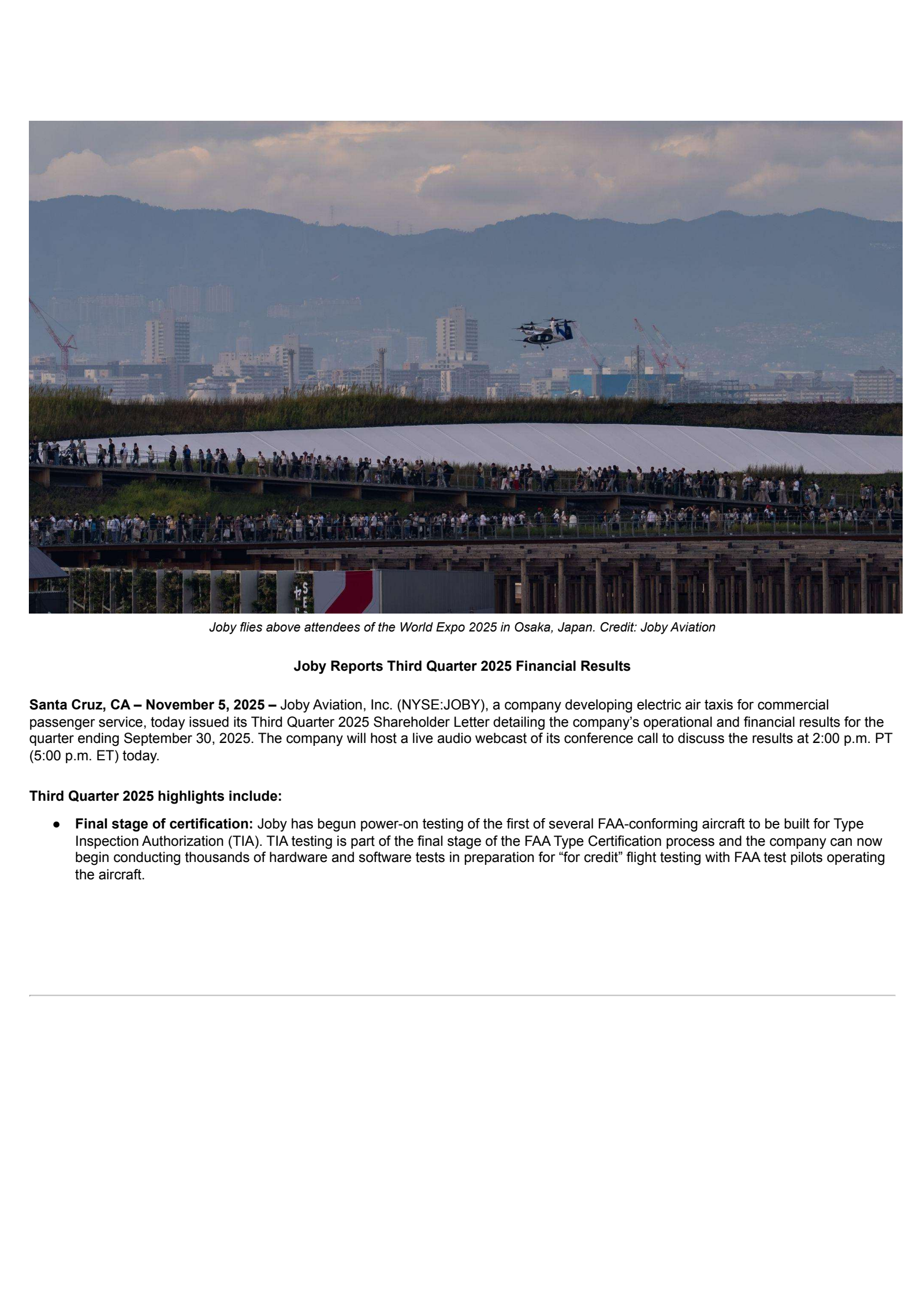 Joby Aviation's Q3 2025 Earnings Release