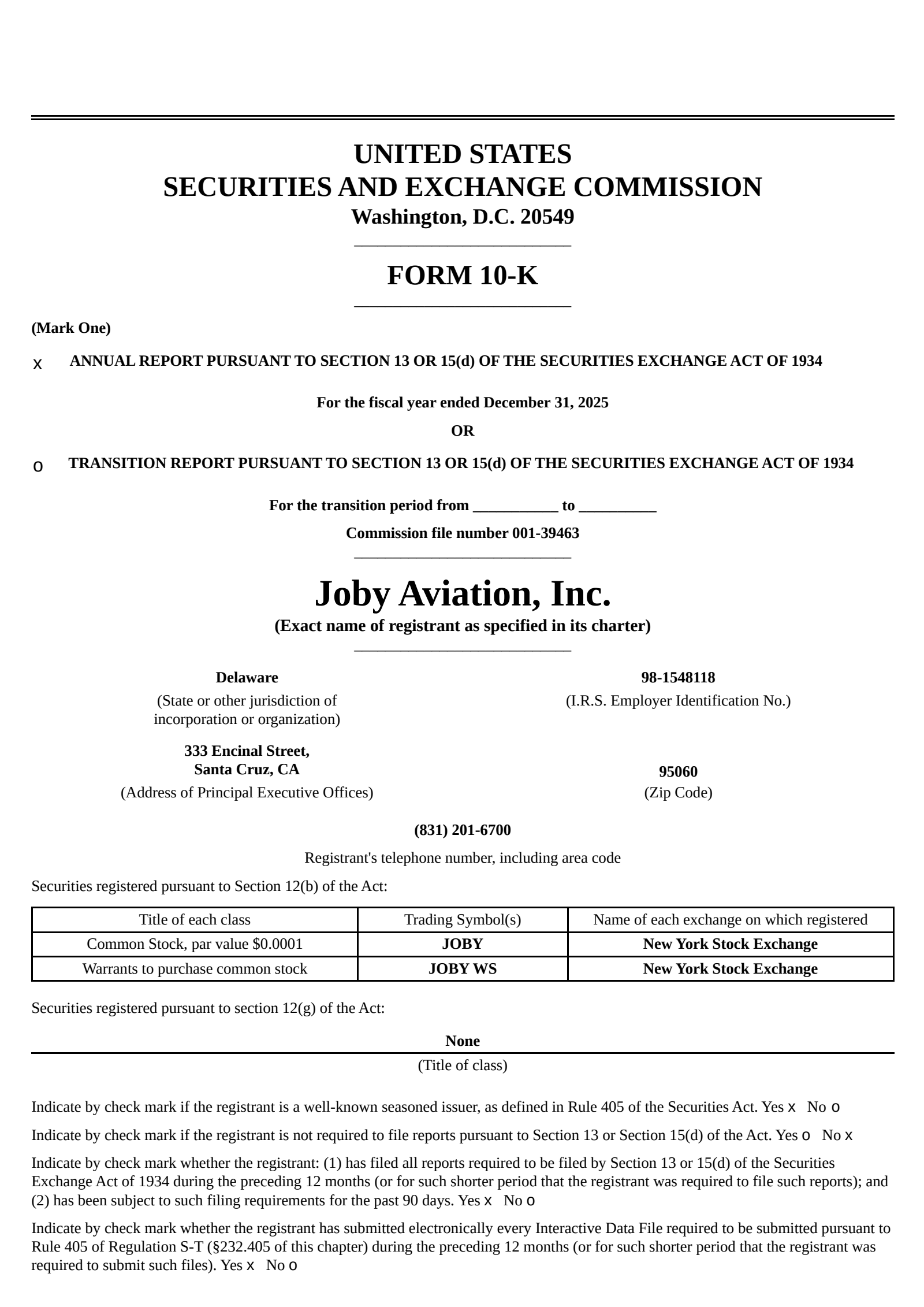 Joby Aviation's Q4 2025 Annual report