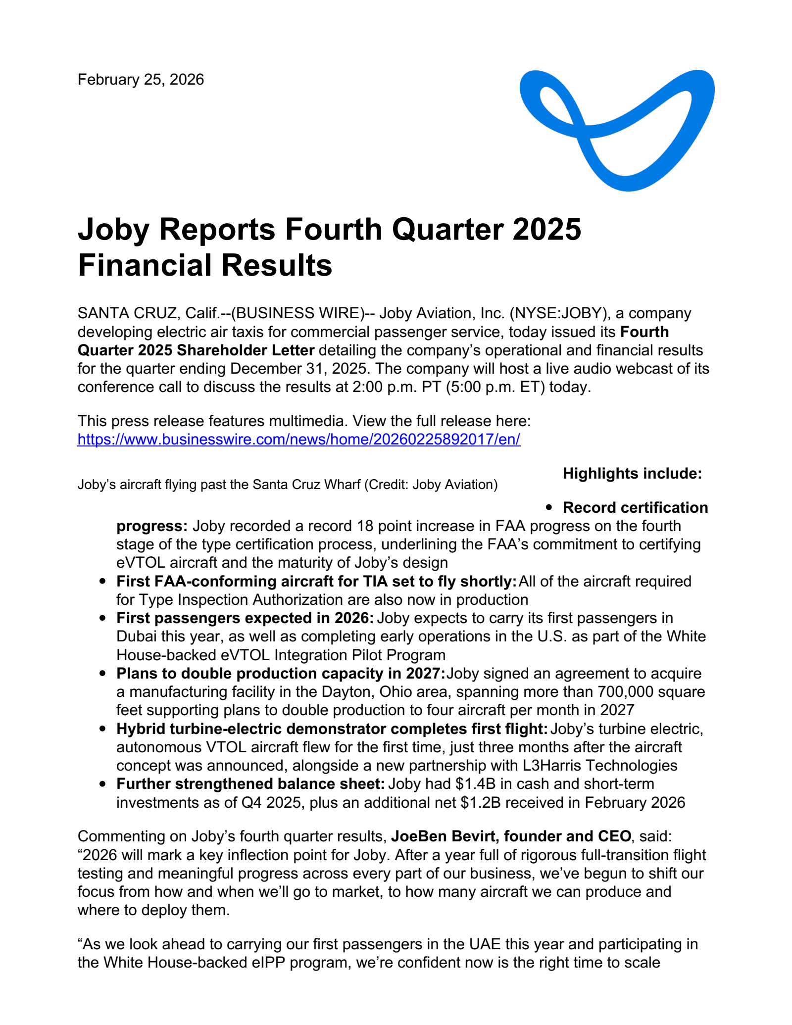 Joby Aviation's Q4 2025 Press Release