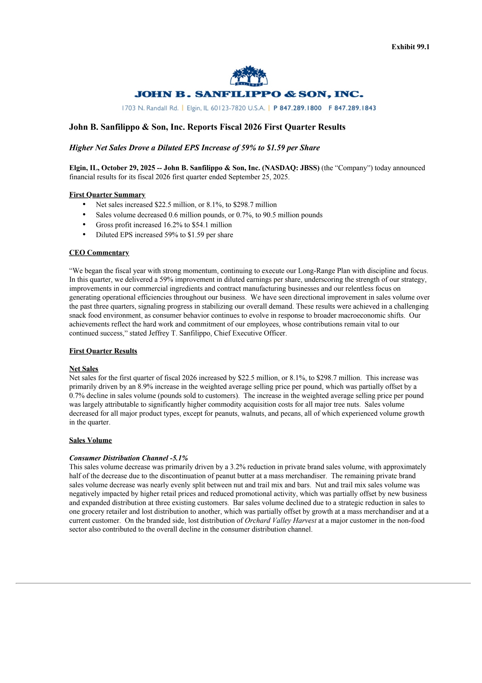 John B. Sanfilippo & Son's Q1 2026 Earnings Release