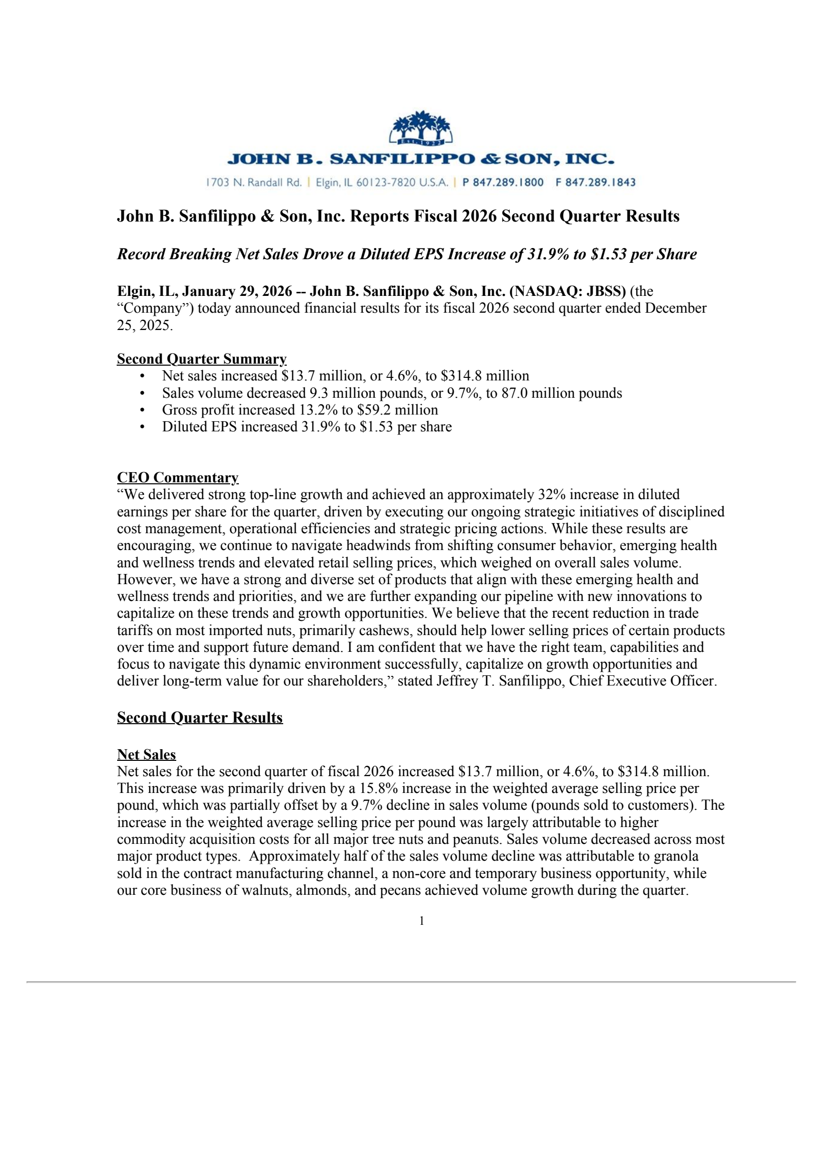 John B. Sanfilippo & Son's Q2 2026 Press Release