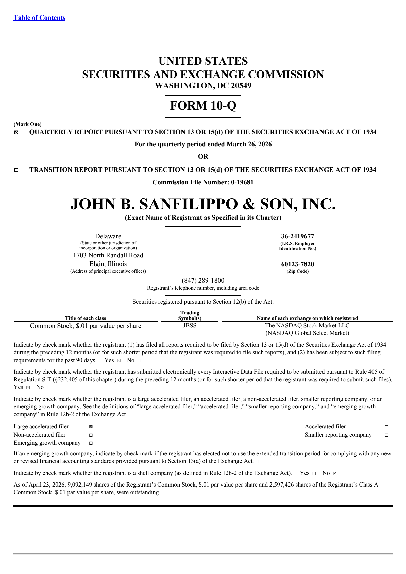John B. Sanfilippo & Son's Q3 2026 Quarterly report