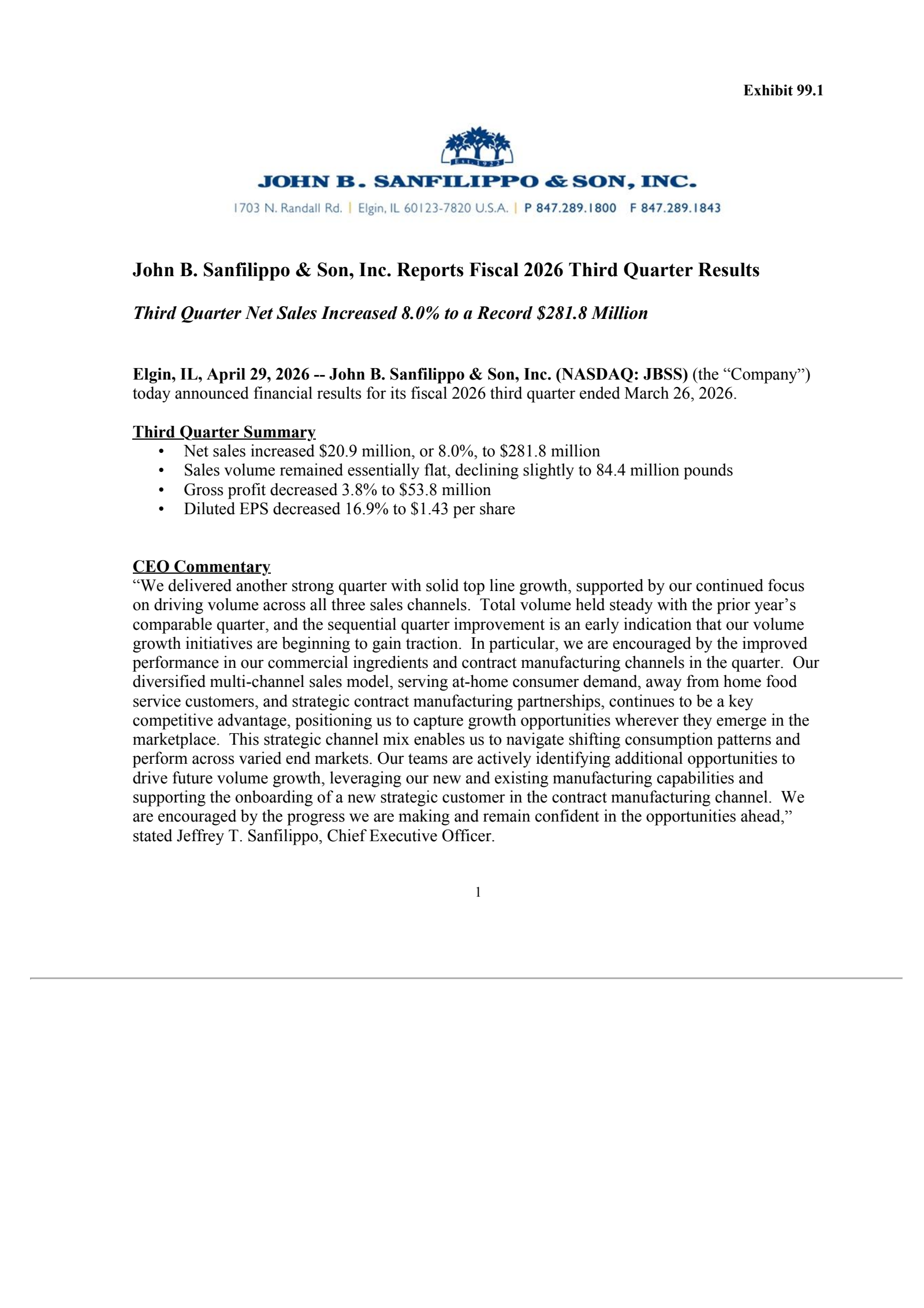 John B. Sanfilippo & Son's Q3 2026 Press Release
