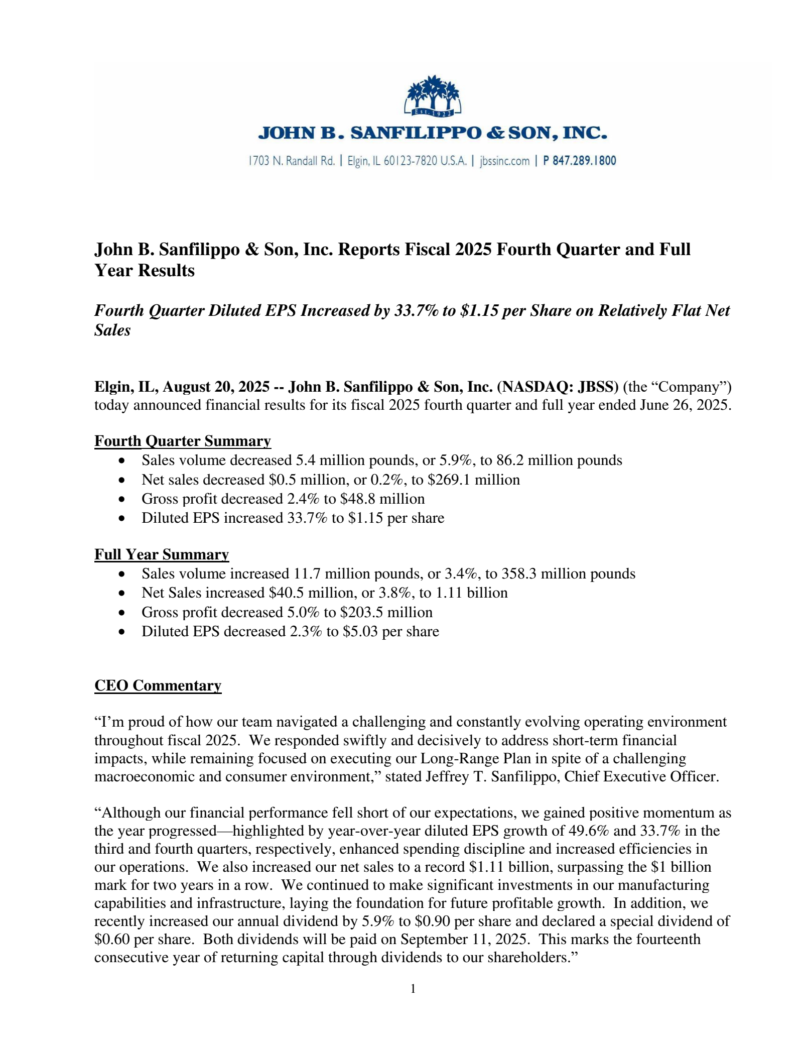 John B. Sanfilippo & Son's Q4 2025 Press Release