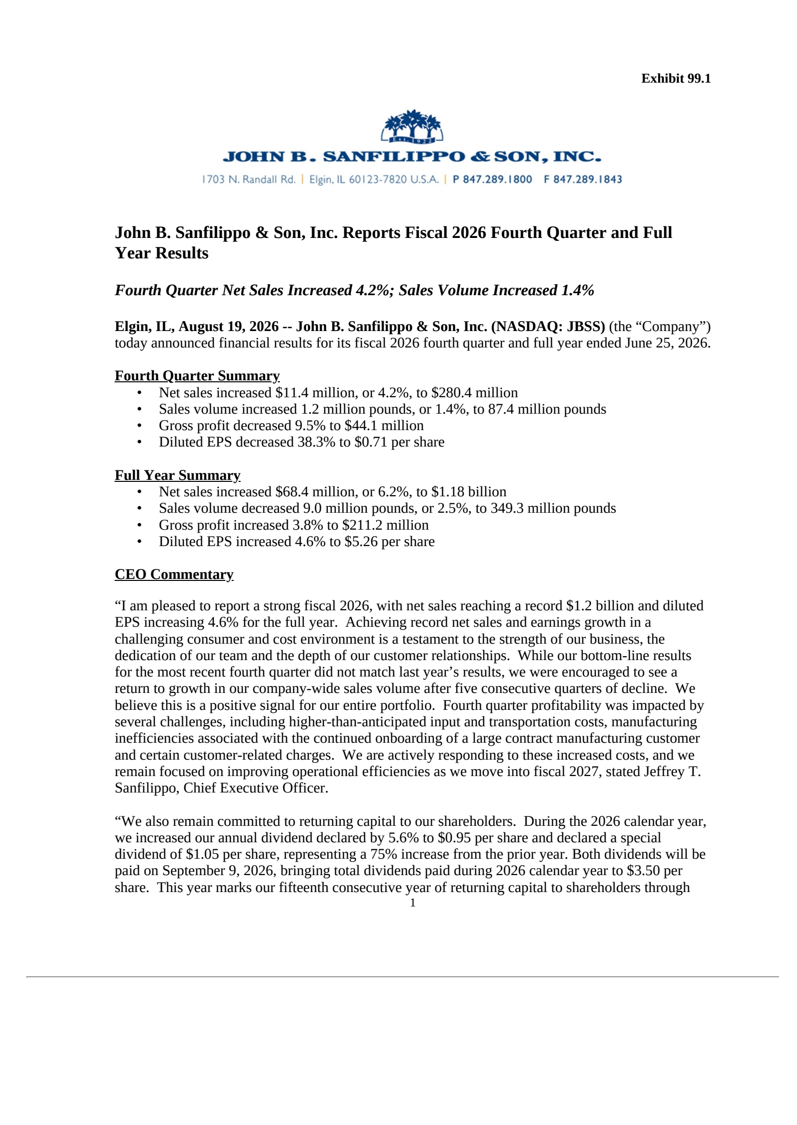 John B. Sanfilippo & Son's Q4 2026 Press Release