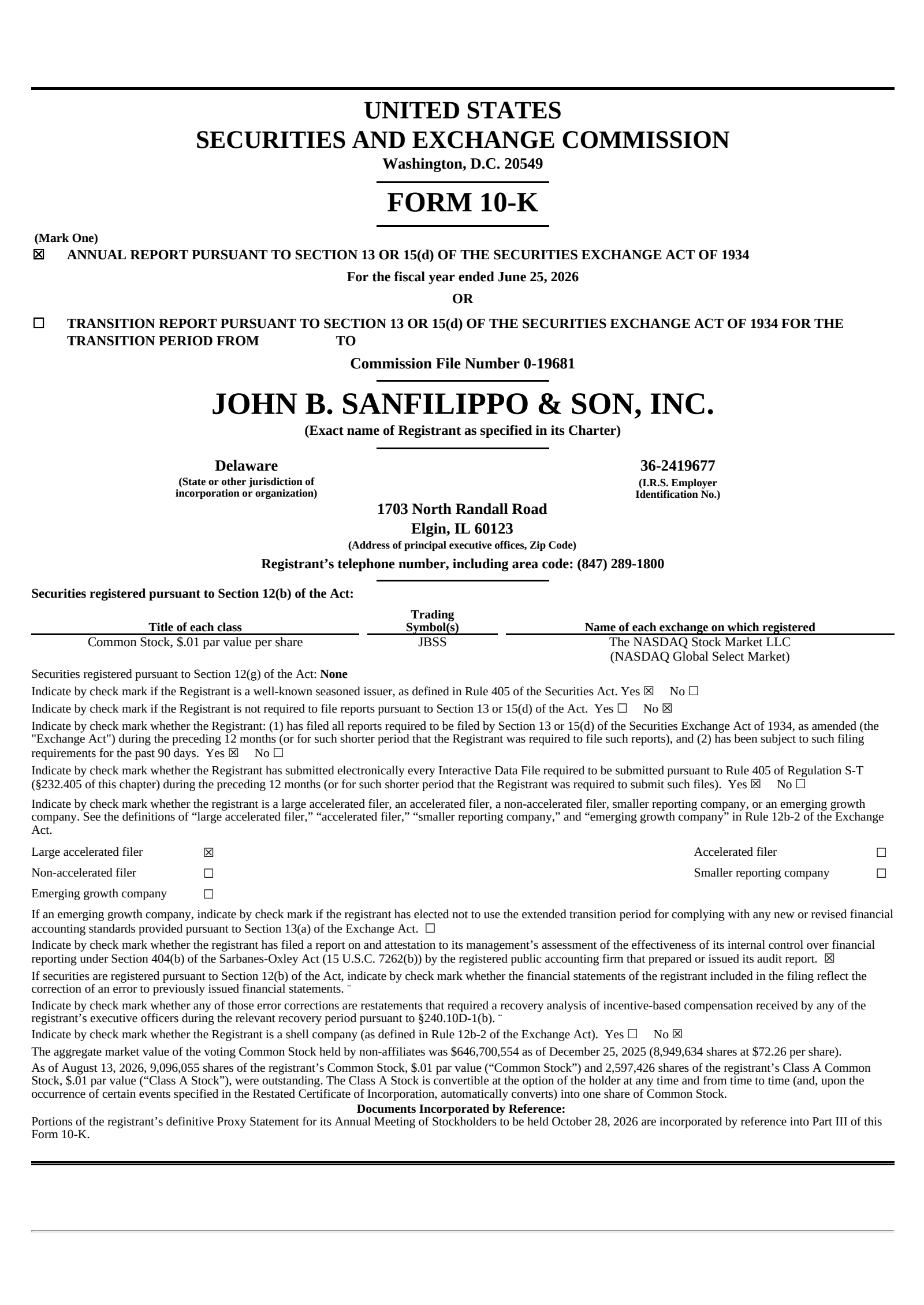 John B. Sanfilippo & Son's Q4 2026 Annual report
