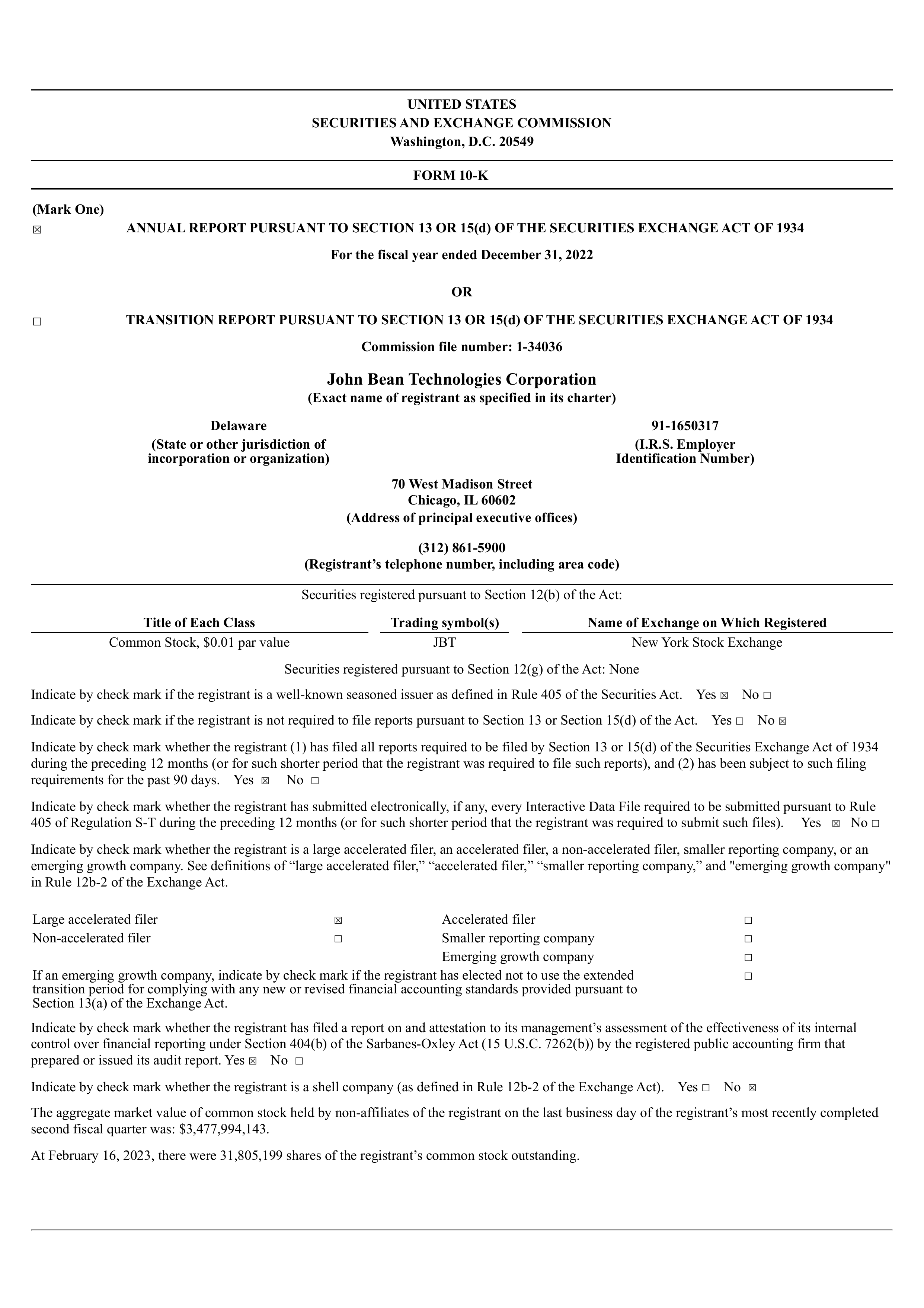 John Bean Technologies' Q4 2022 Annual report