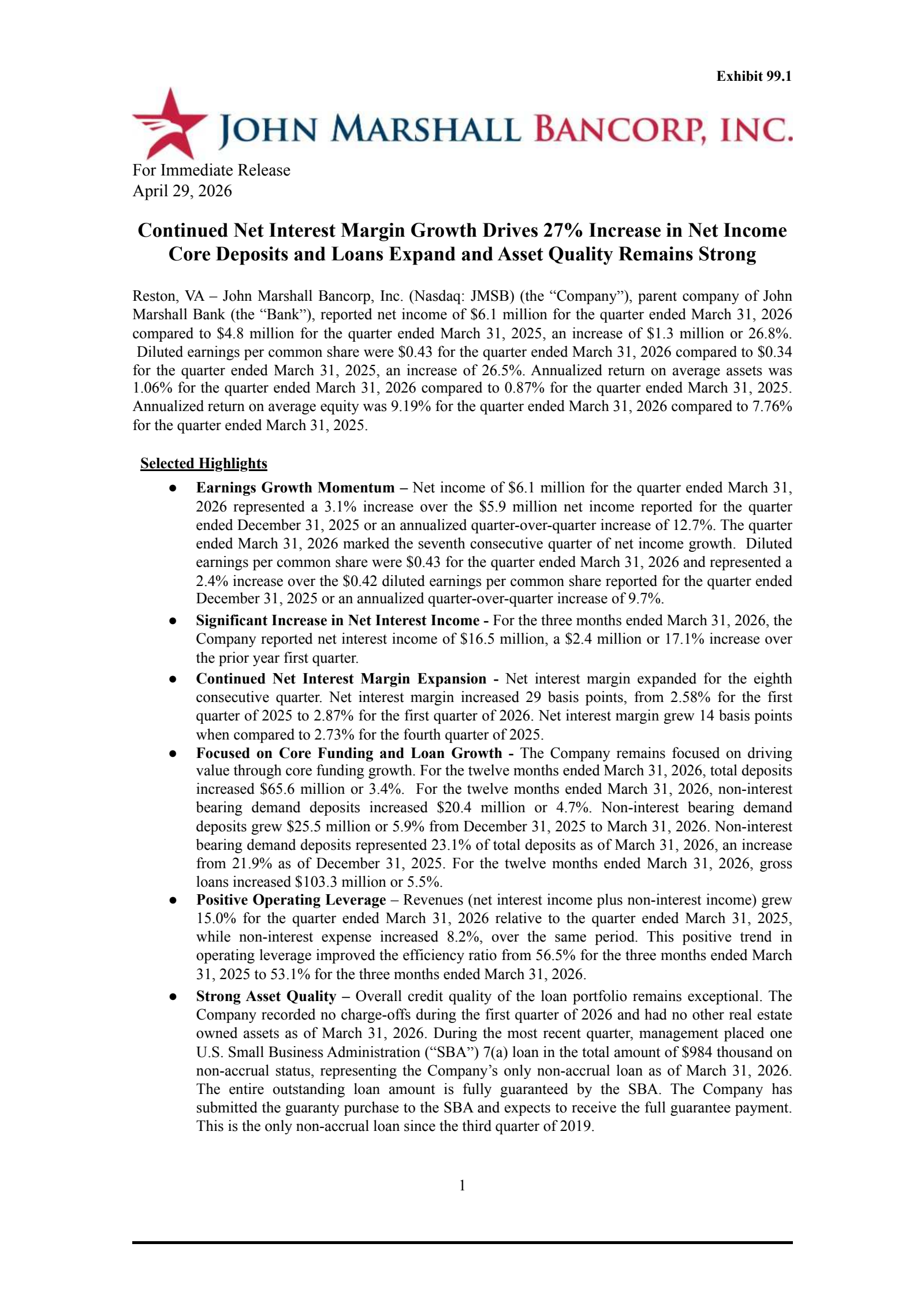 John Marshall Bancorp's Q1 2026 Press Release