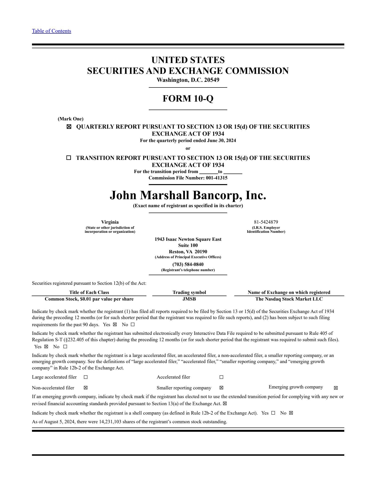 John Marshall Bancorp's Q2 2024 Quarterly Report