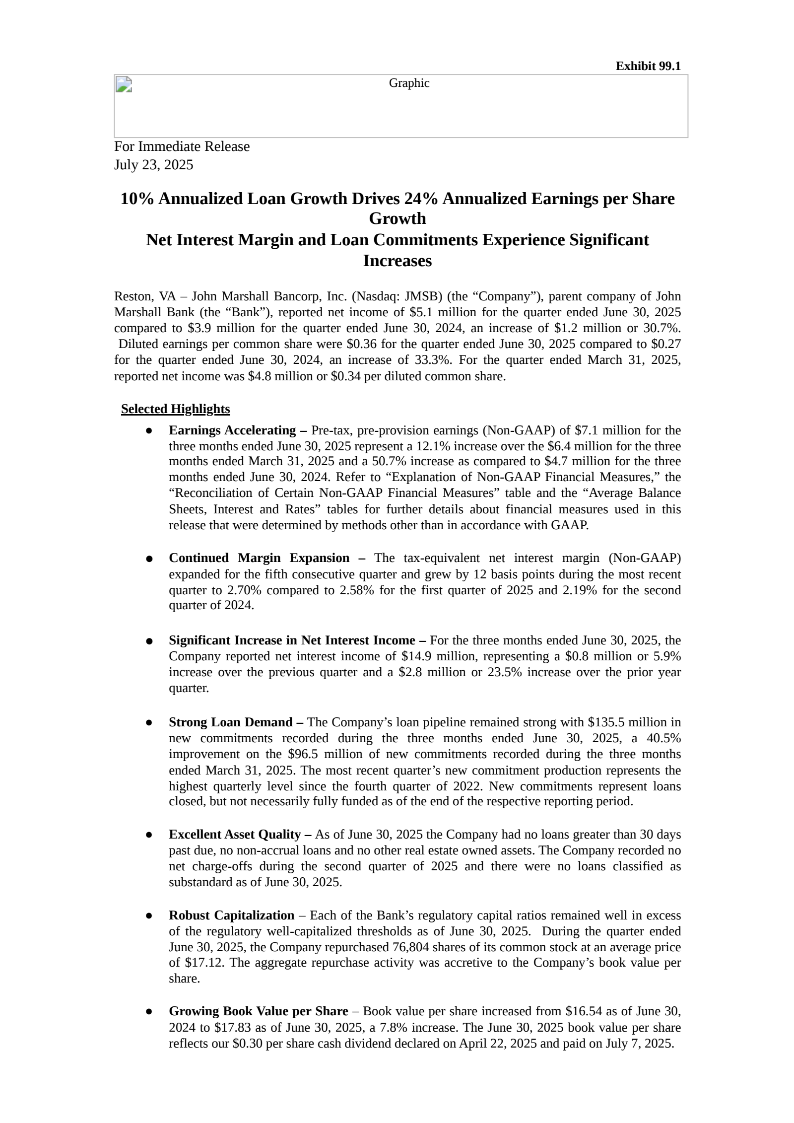John Marshall Bancorp's Q2 2025 Press Release