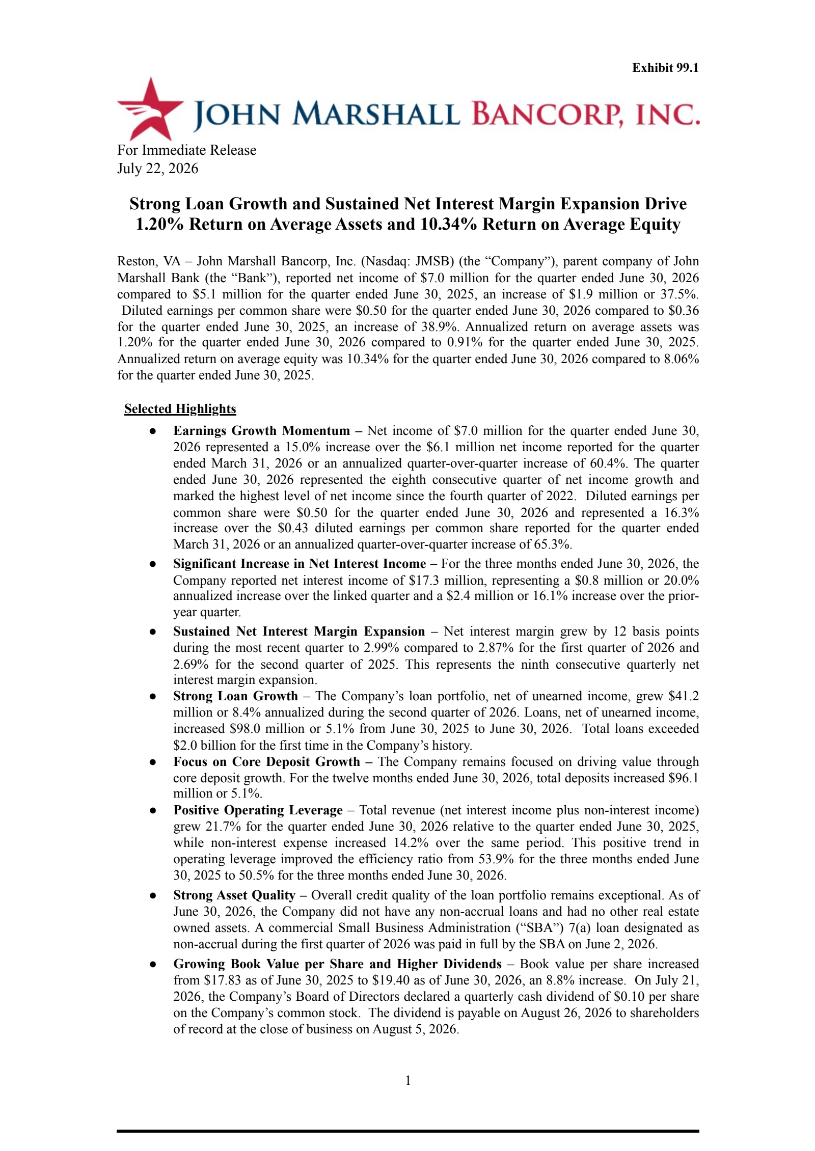 John Marshall Bancorp's Q2 2026 Press Release