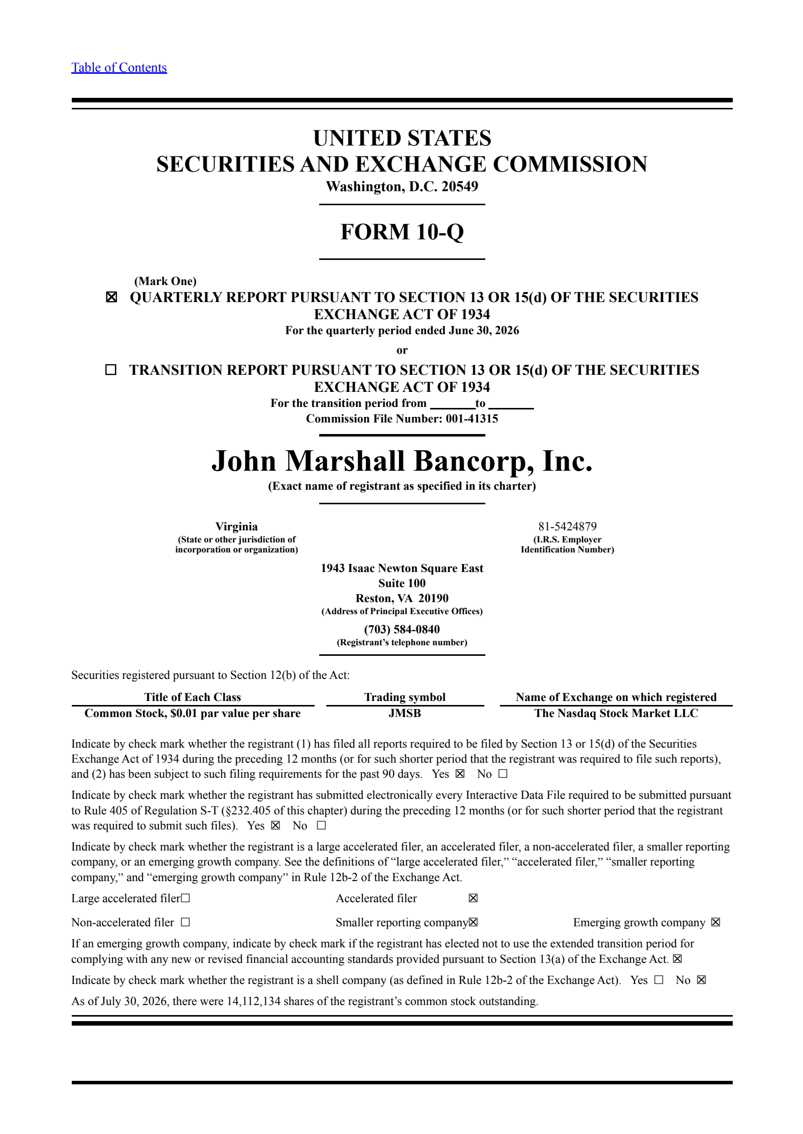 John Marshall Bancorp's Q2 2026 Quarterly report
