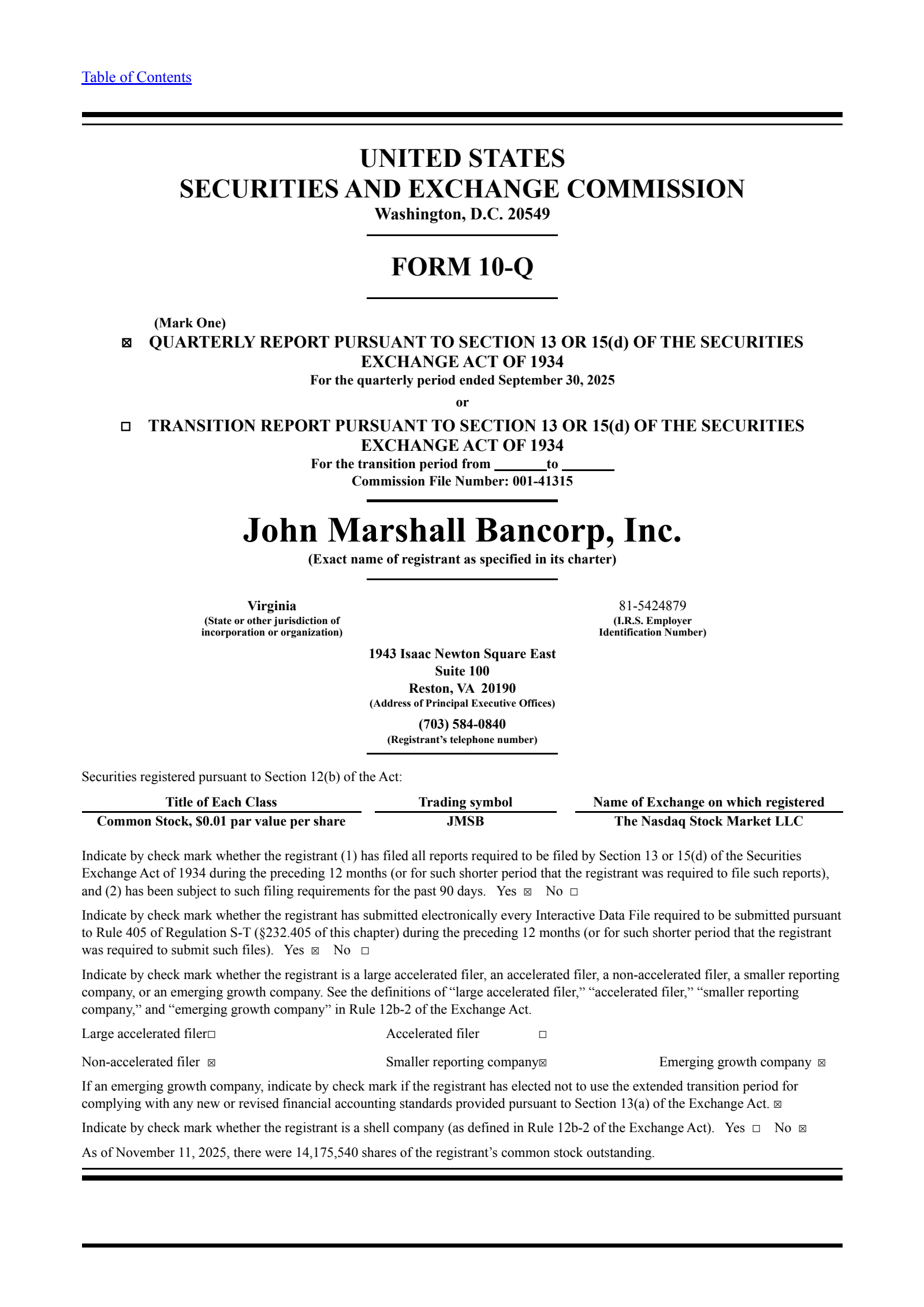 John Marshall Bancorp's Q3 2025 Quarterly Report