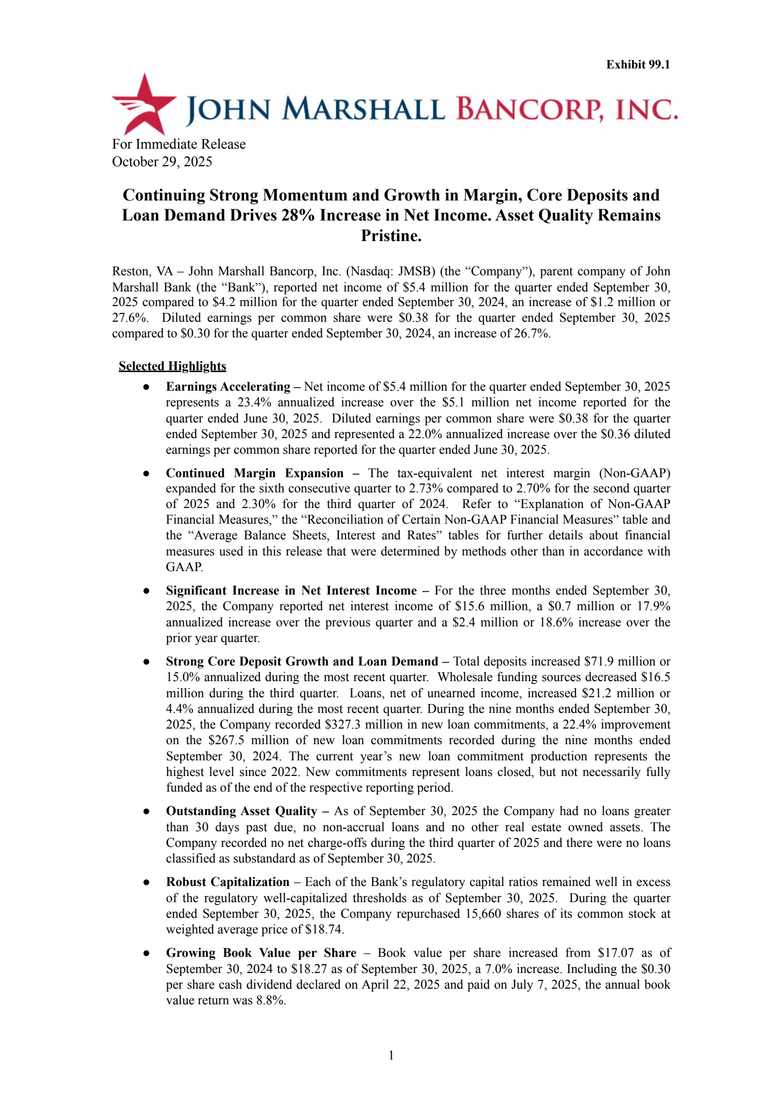 John Marshall Bancorp's Q3 2025 Earnings Release