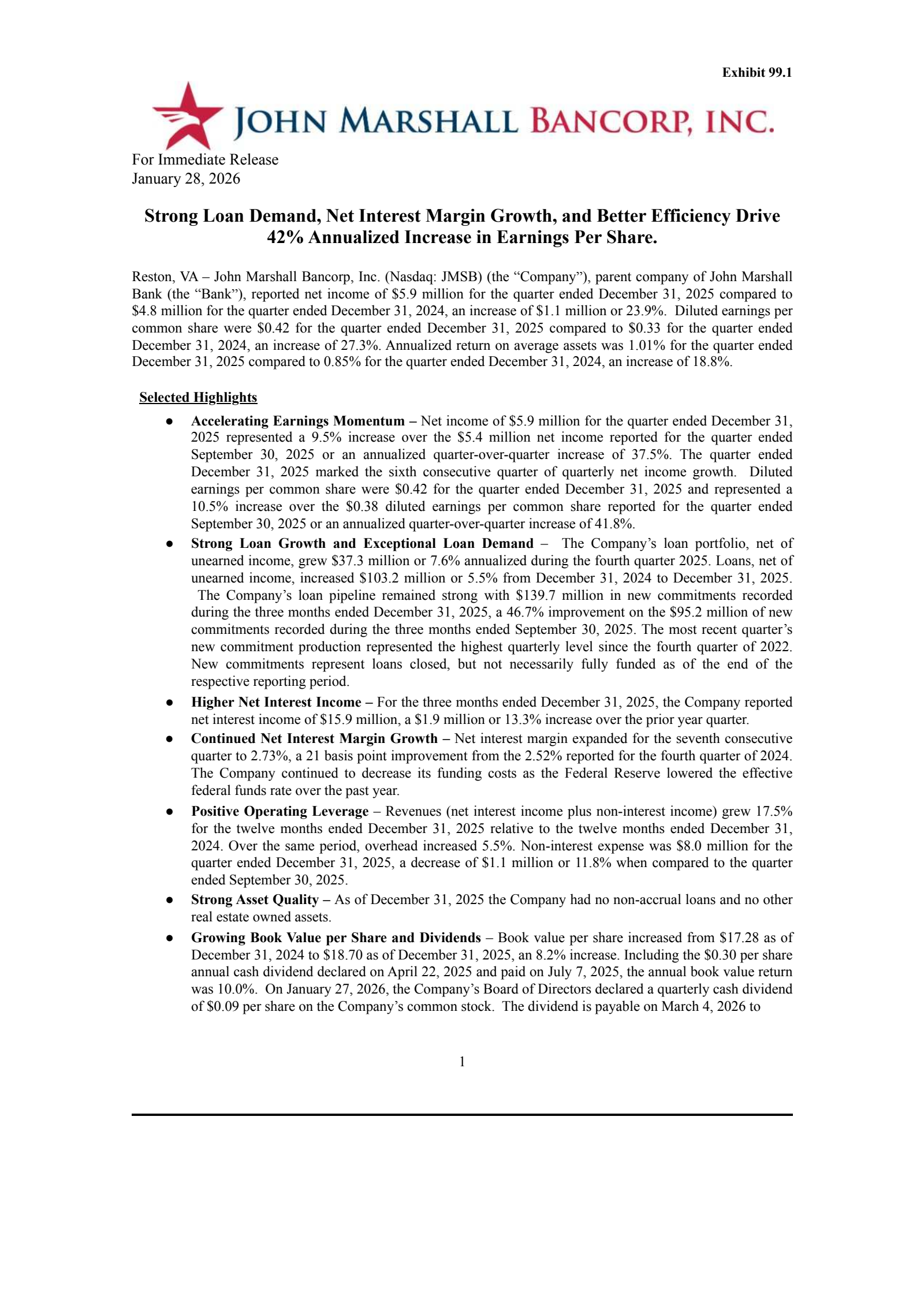 John Marshall Bancorp's Q4 2025 Press Release