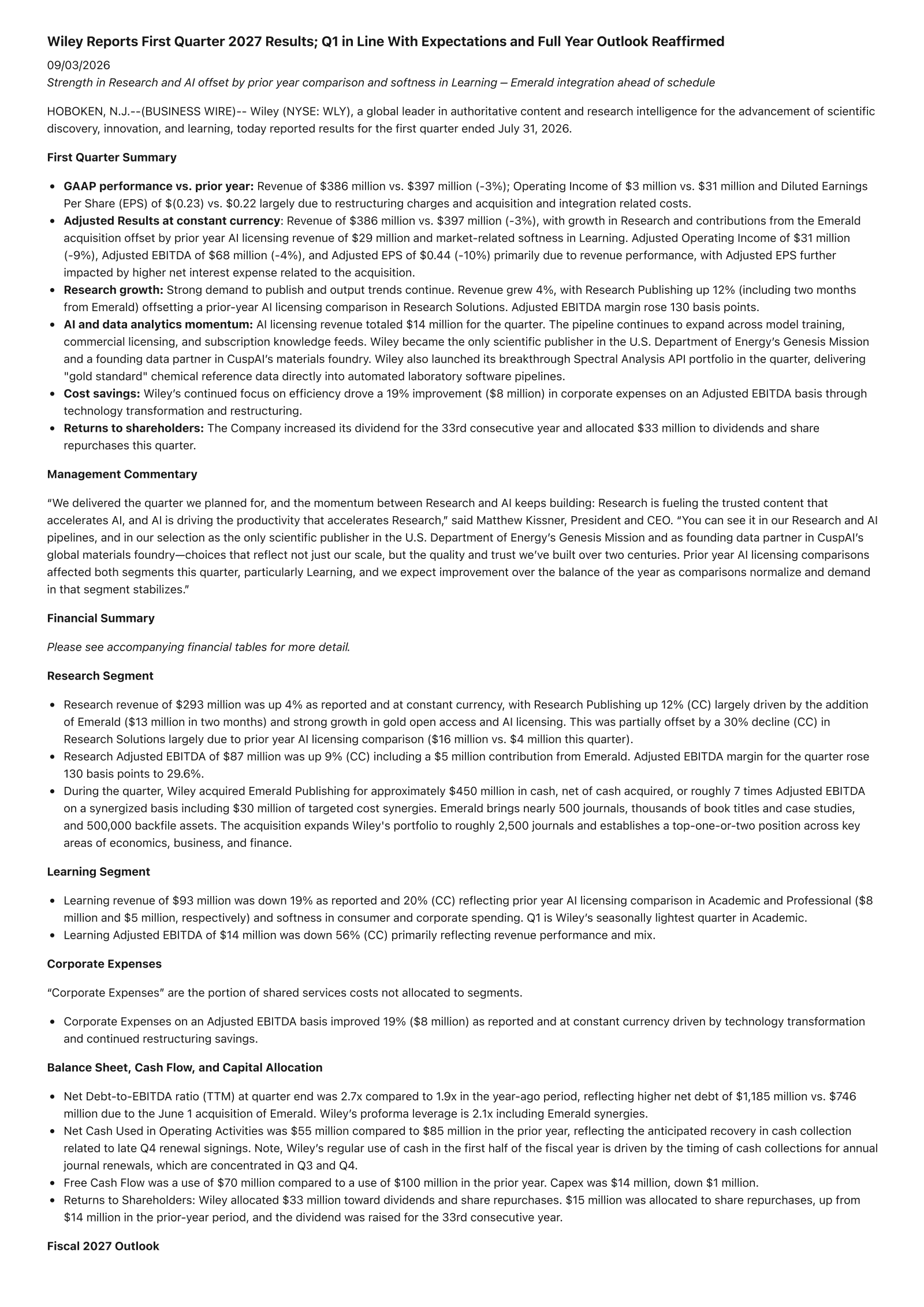 John Wiley & Sons' Q1 2027 Press Release