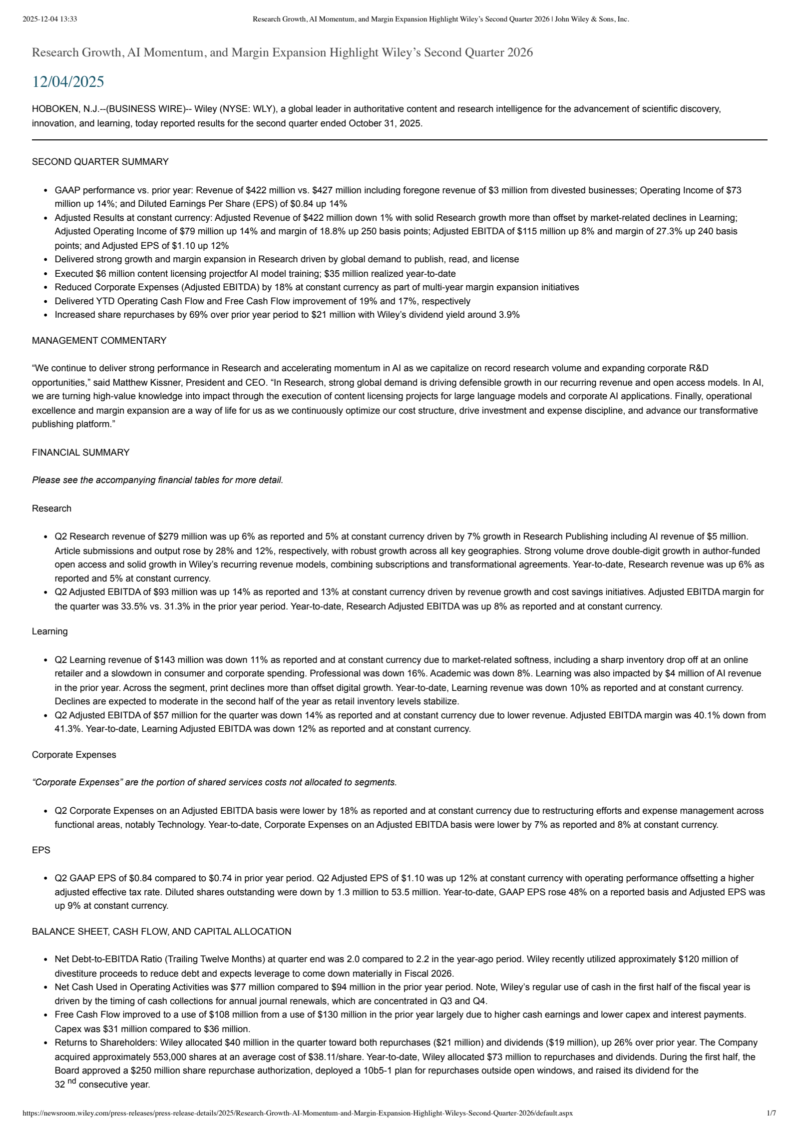 John Wiley & Sons' Q2 2026 Earnings Release