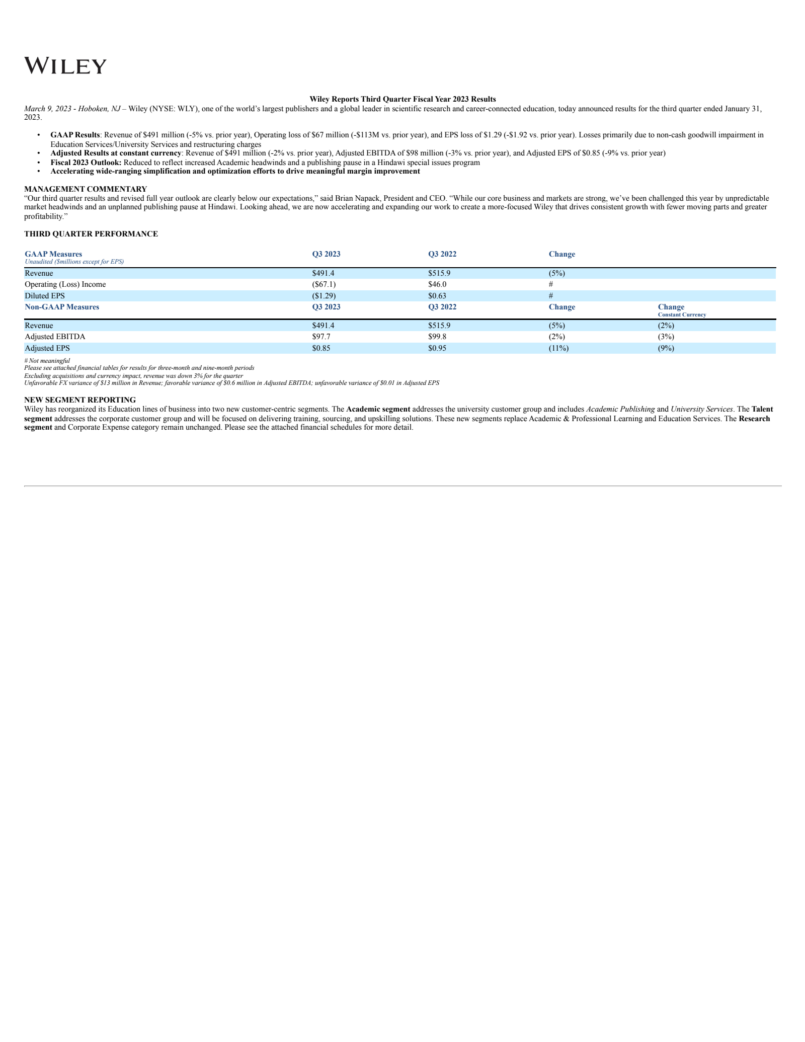 John Wiley & Sons' Q3 2023 Press Release