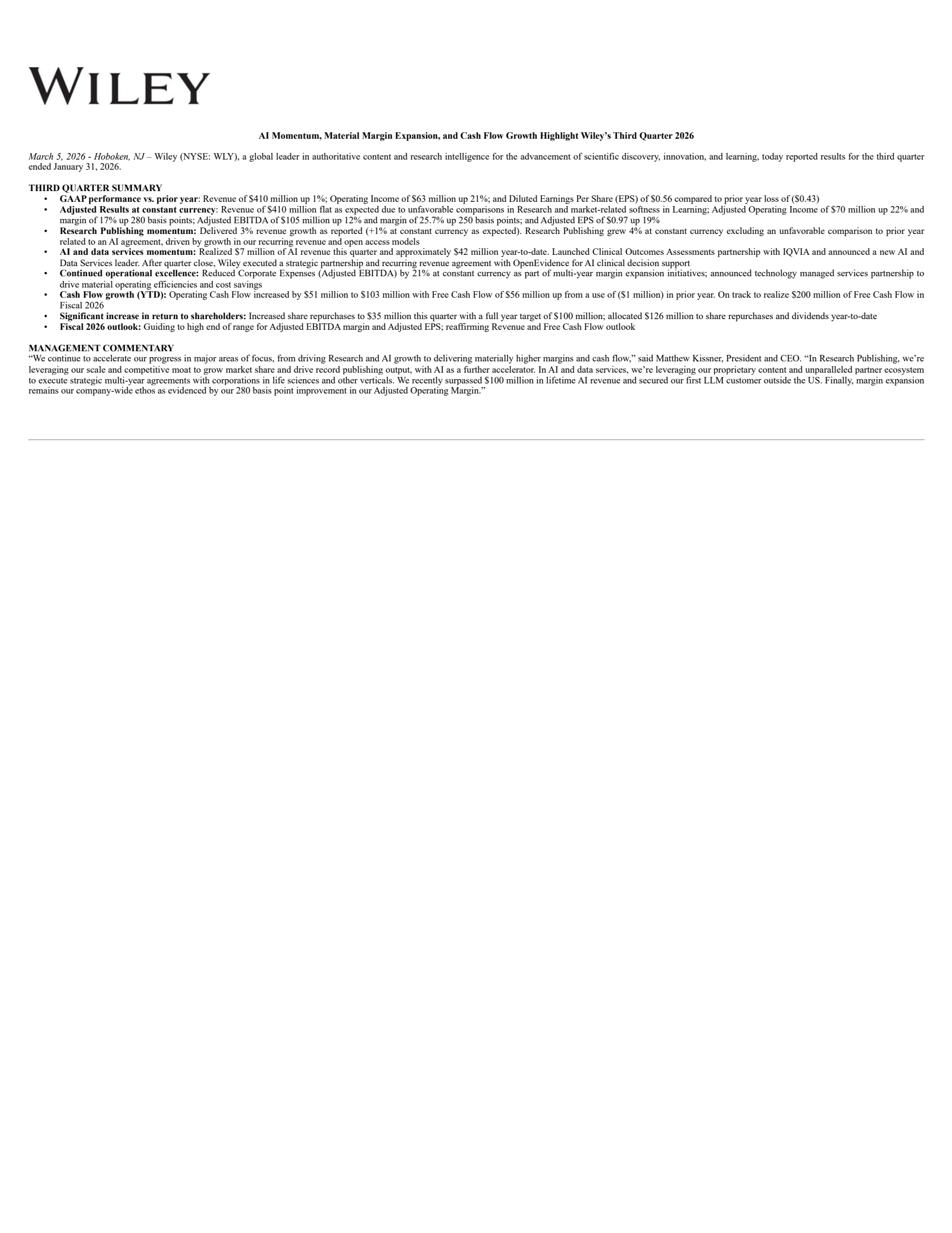 John Wiley & Sons' Q3 2026 Press Release