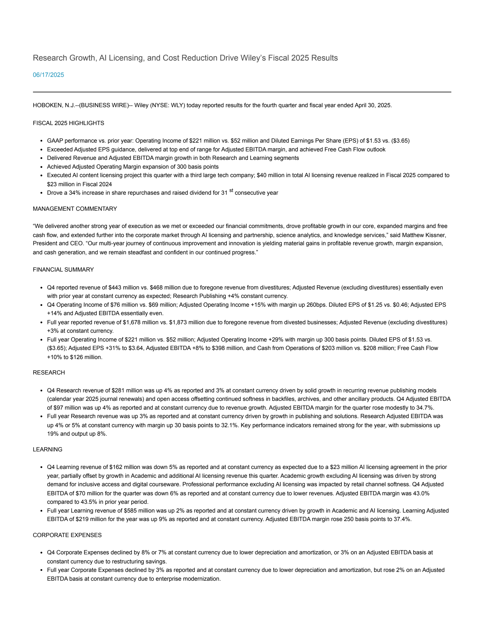 John Wiley & Sons' Q4 2025 Press Release