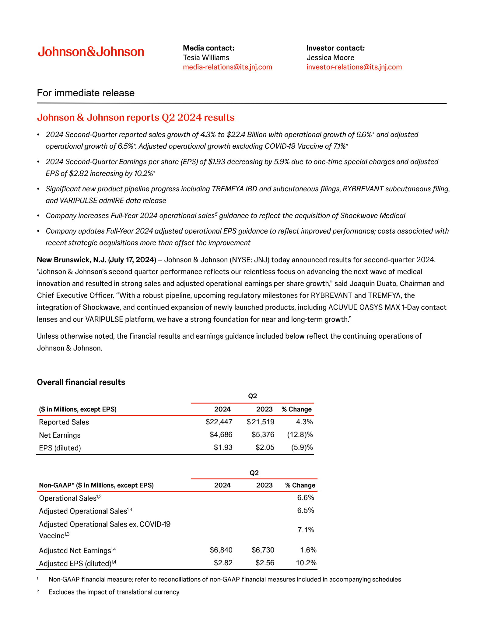 Johnson & Johnson's Q2 2024 Press Release