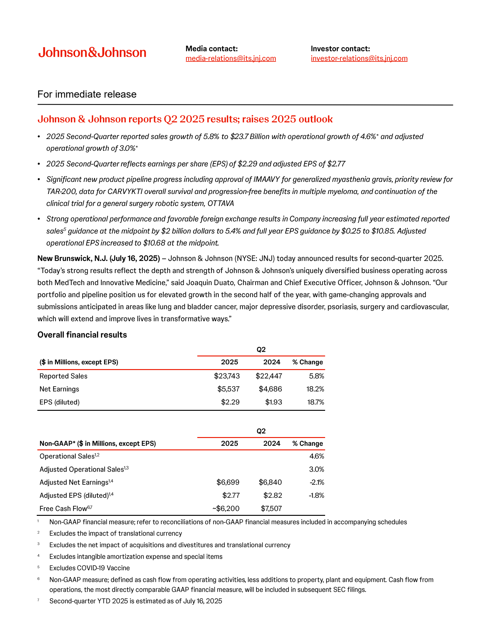 Johnson & Johnson's Q2 2025 Press Release