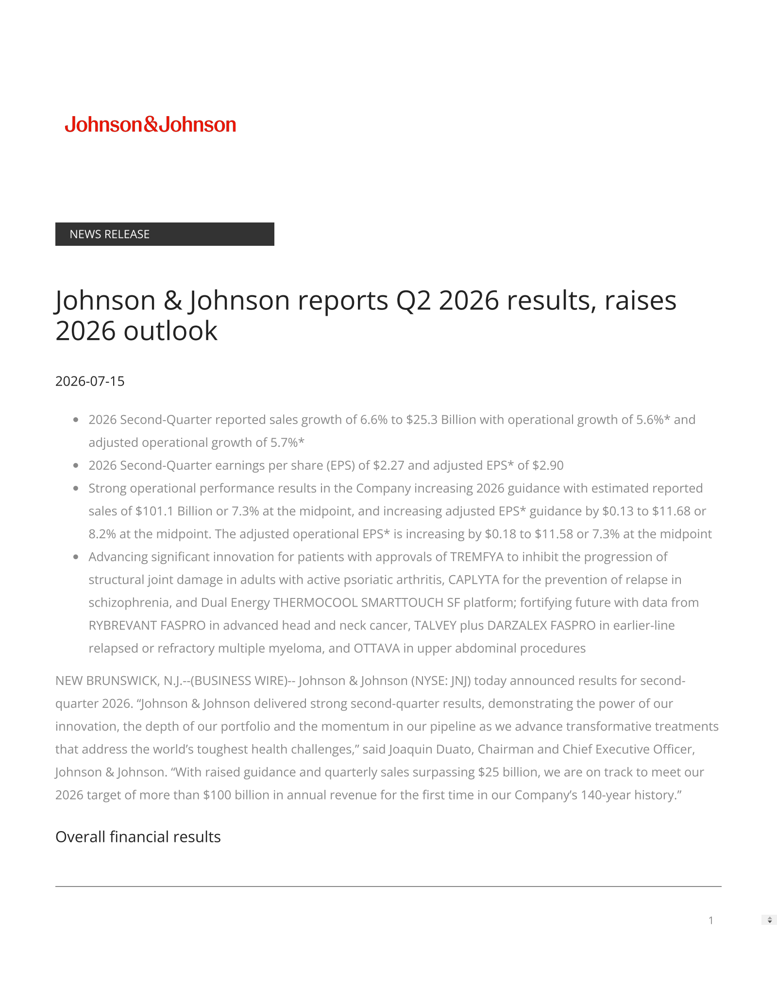 Johnson & Johnson's Q2 2026 Press Release