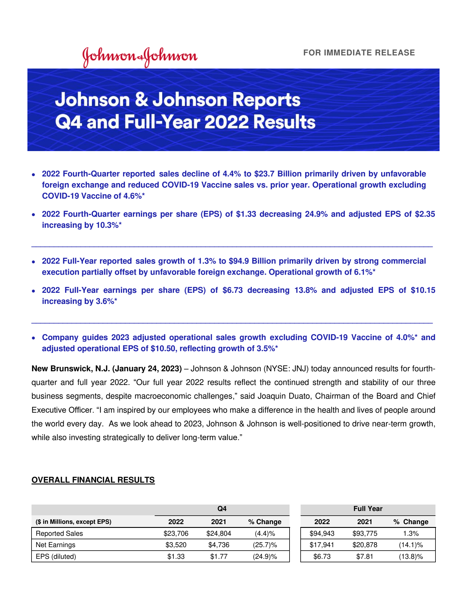 Johnson & Johnson's Q4 2022 Press Release