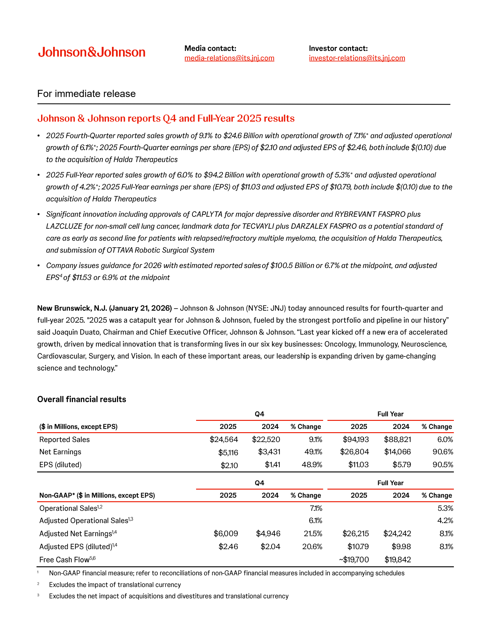 Johnson & Johnson's Q4 2025 Press Release
