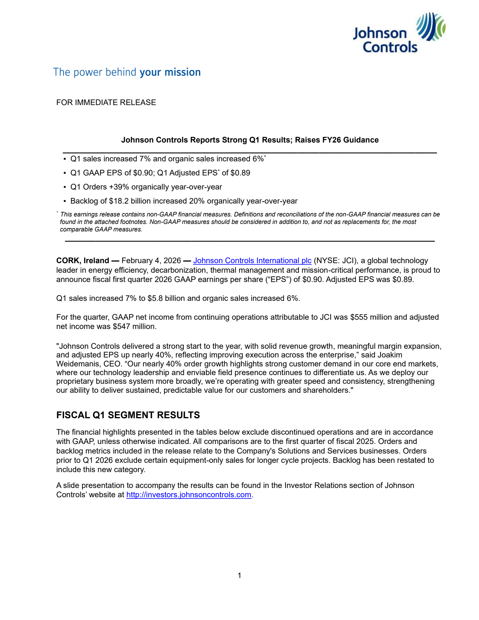 Johnson Controls International's Q1 2026 Press Release