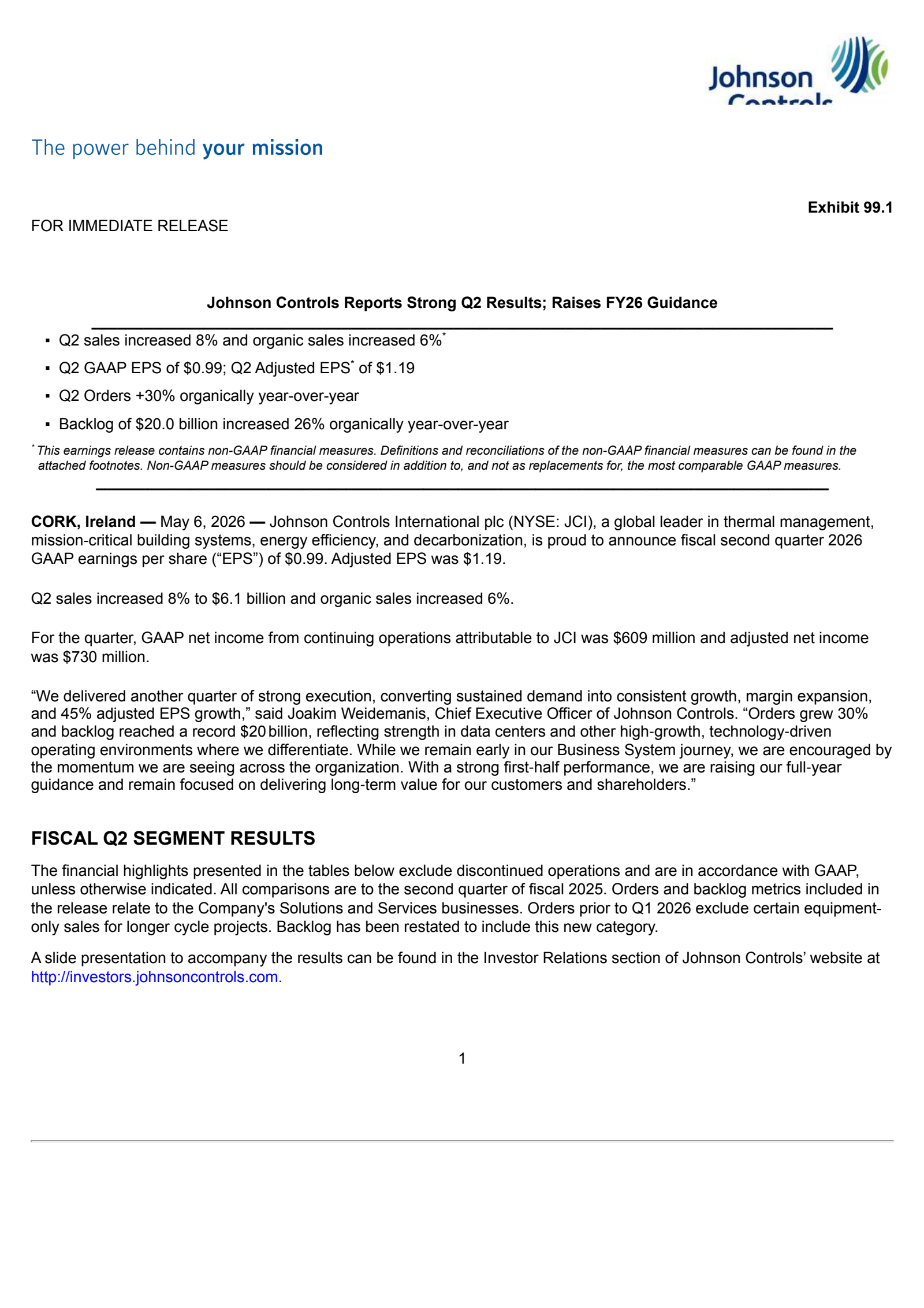 Johnson Controls International's Q2 2026 Press Release