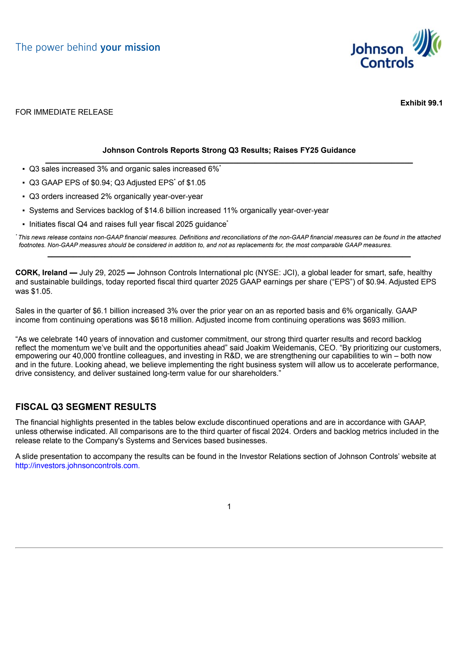 Johnson Controls International's Q3 2025 Press Release