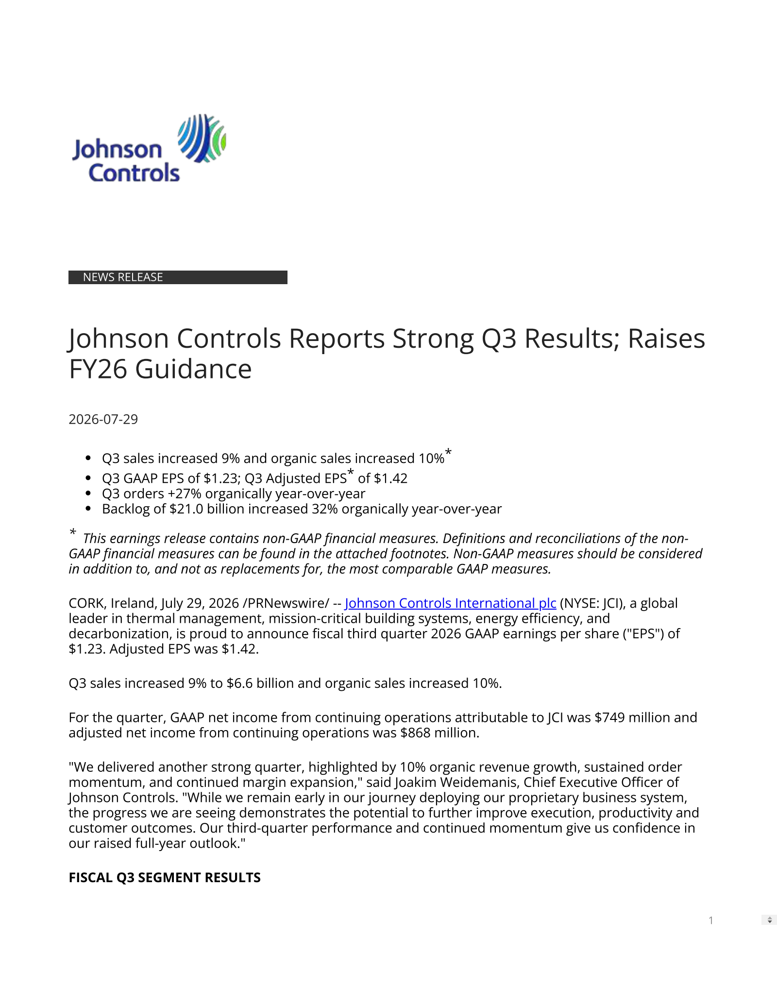 Johnson Controls International's Q3 2026 Press Release