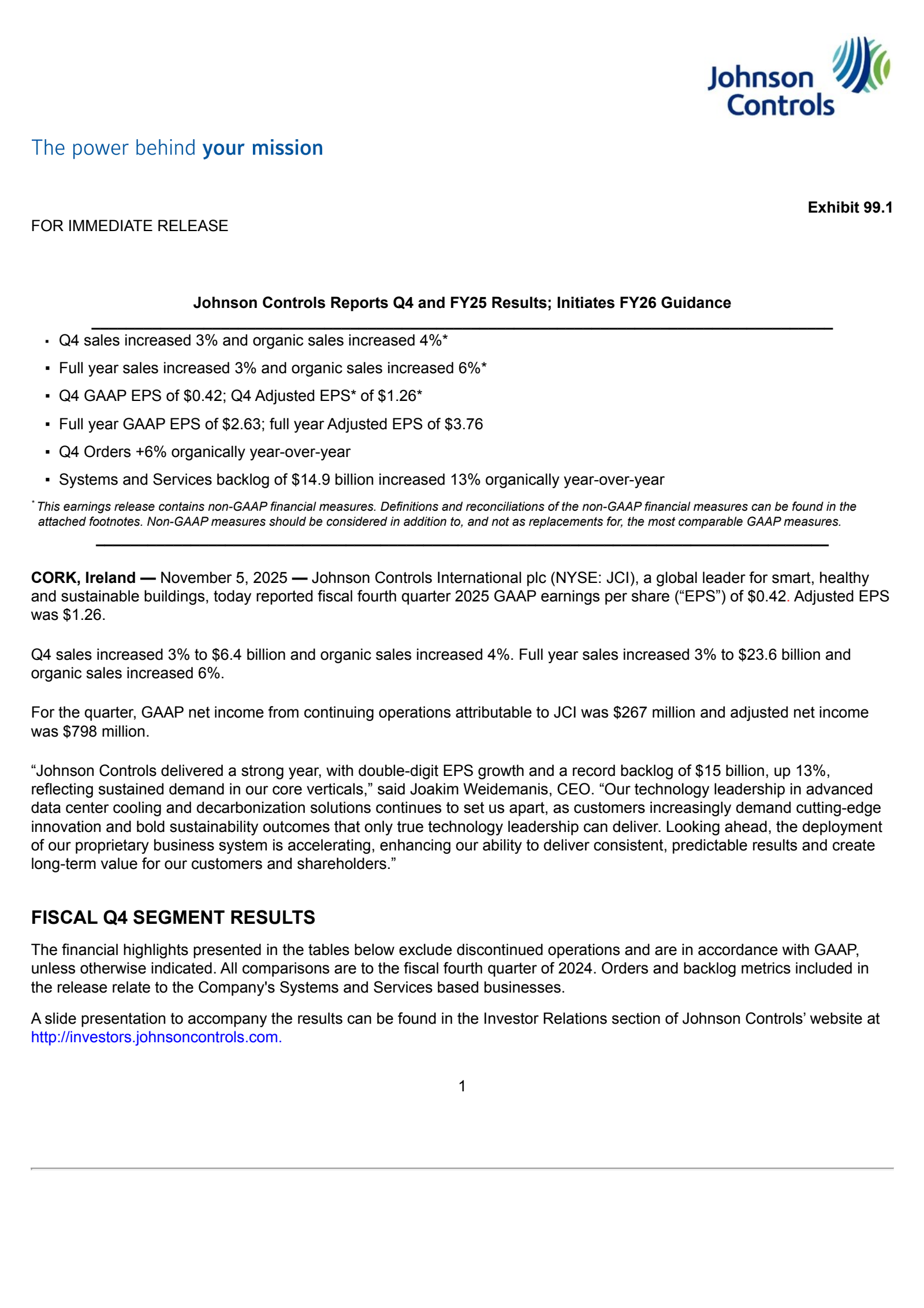 Johnson Controls International's Q4 2025 Earnings Release