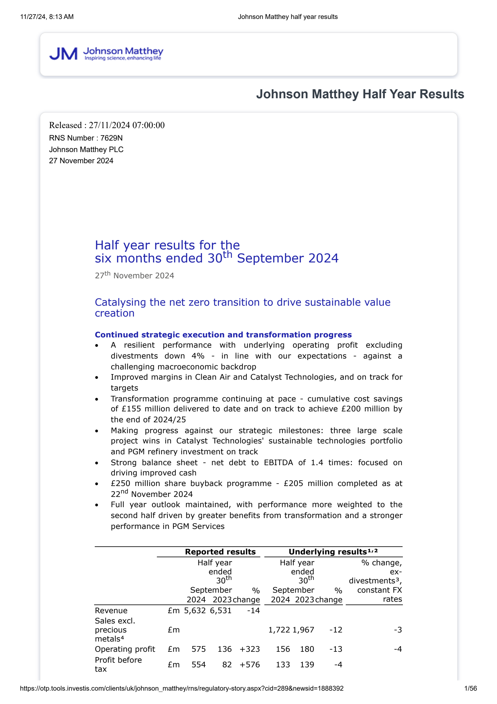 Jmat JMAT H1 2025 Earnings Report on 11/27/2024