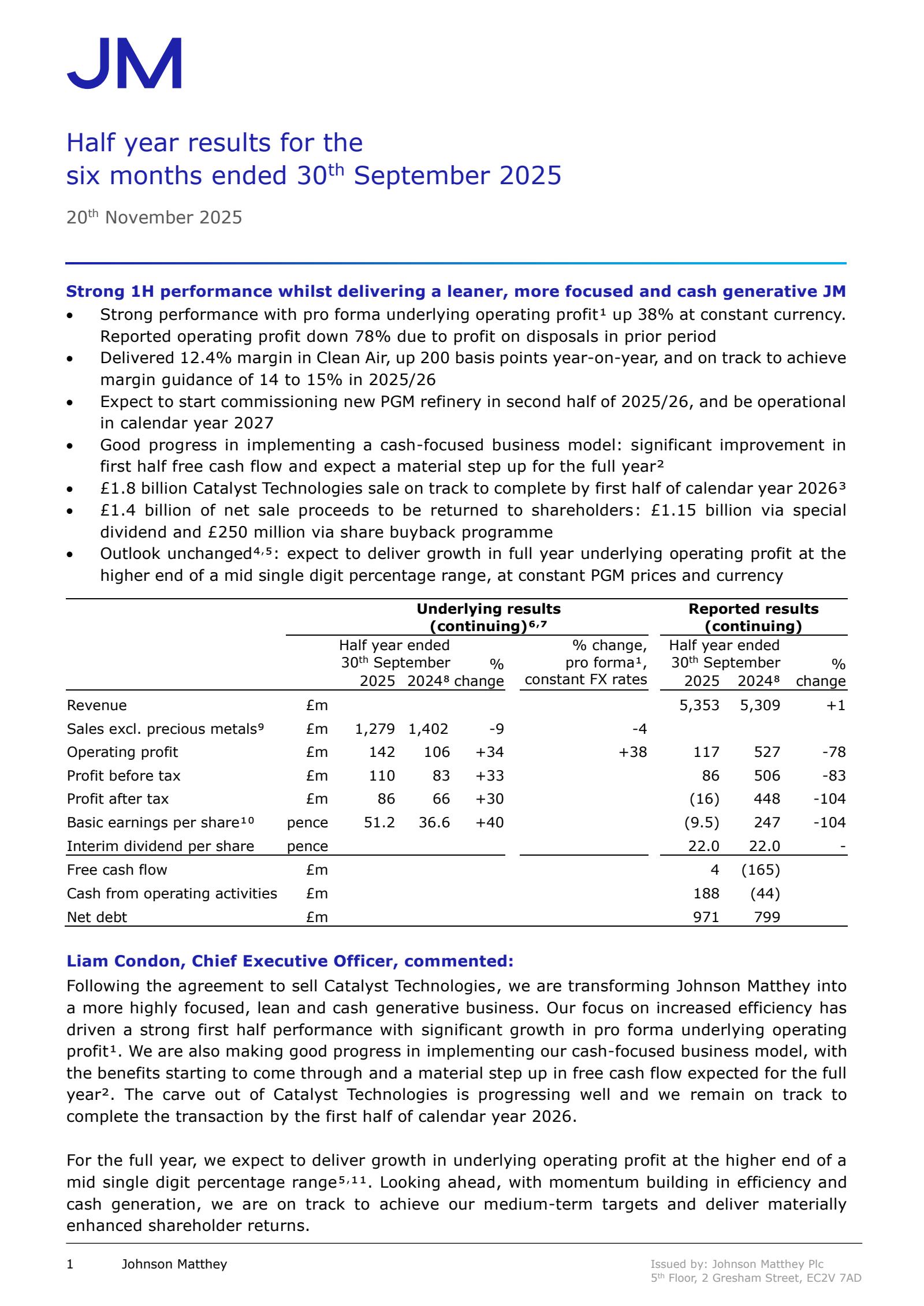 Johnson Matthey's H1 2026 Interim Report