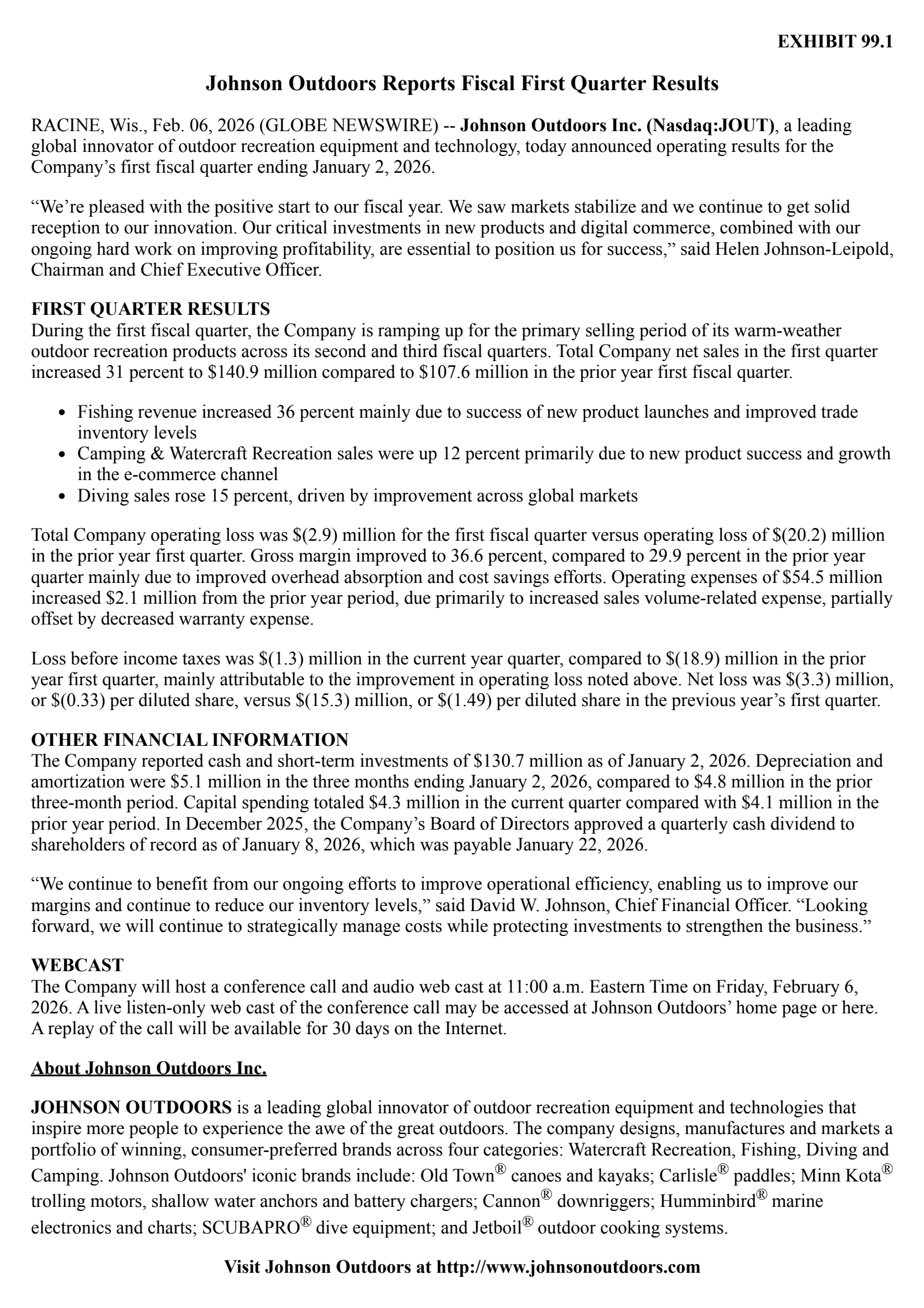 Johnson Outdoors' Q1 2026 Press Release