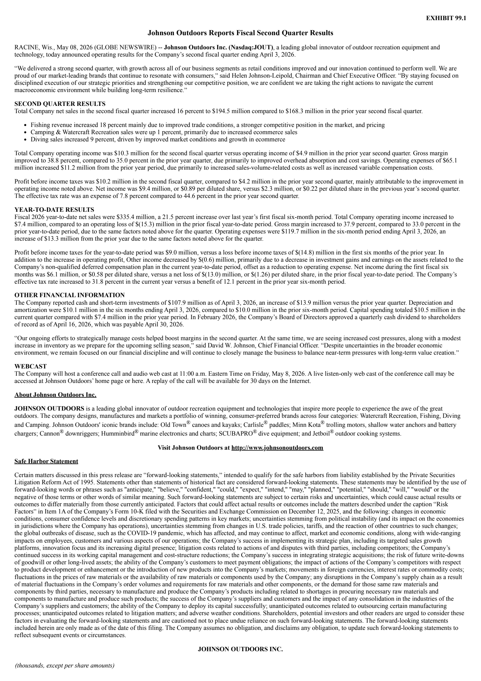 Johnson Outdoors' Q2 2026 Press Release