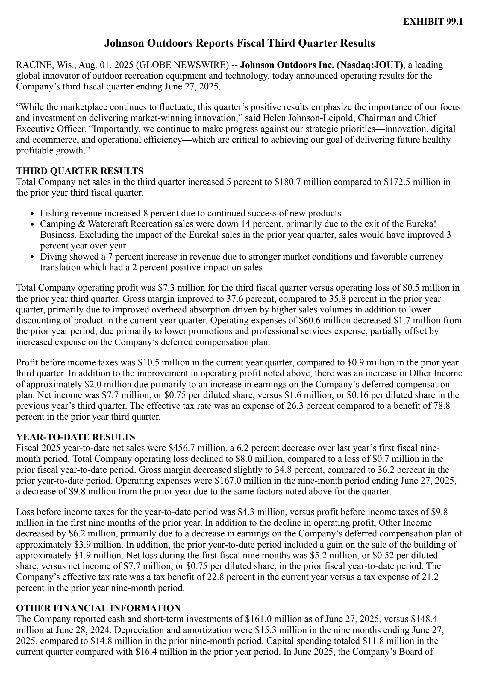 Johnson Outdoors' Q3 2025 Press Release