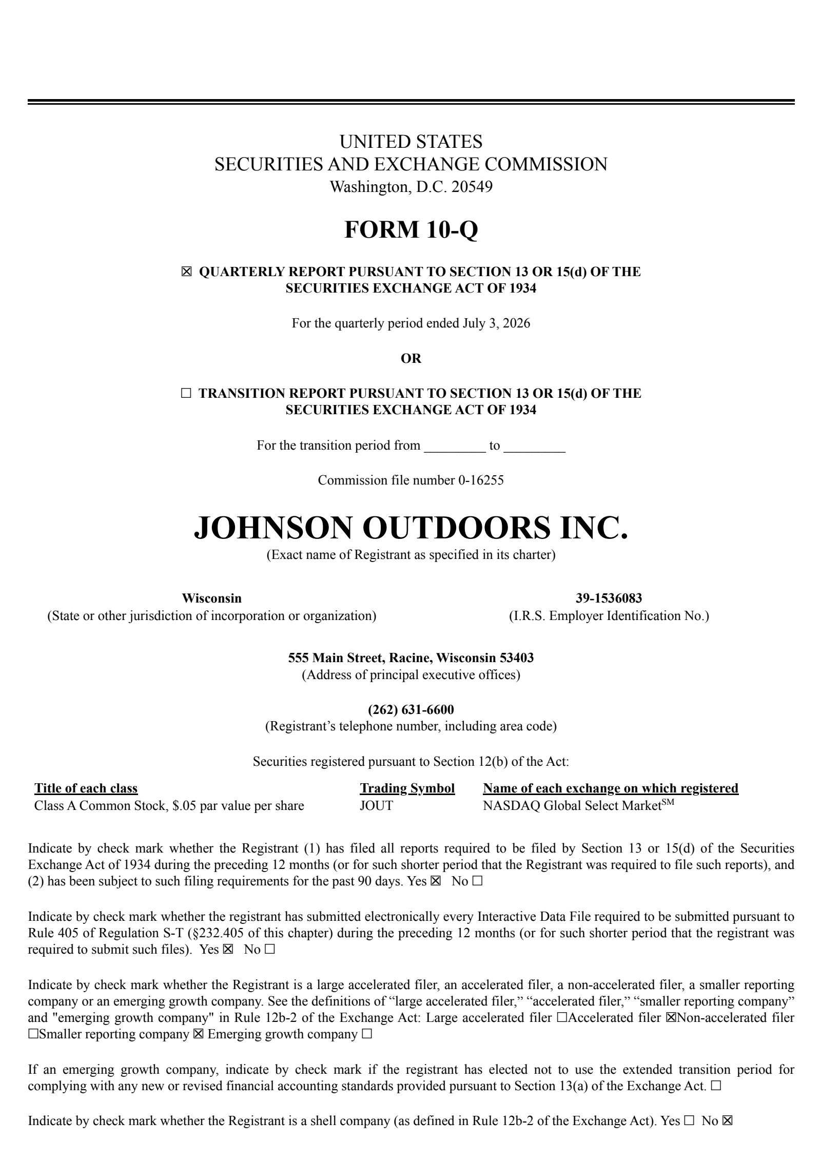 Johnson Outdoors' Q3 2026 Quarterly report