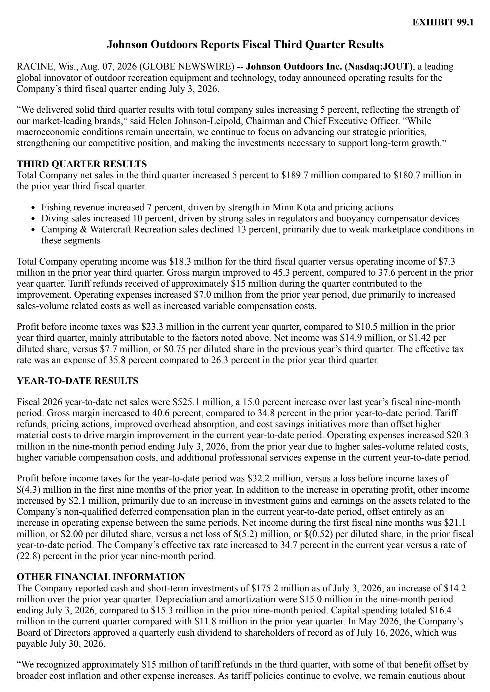 Johnson Outdoors' Q3 2026 Press Release