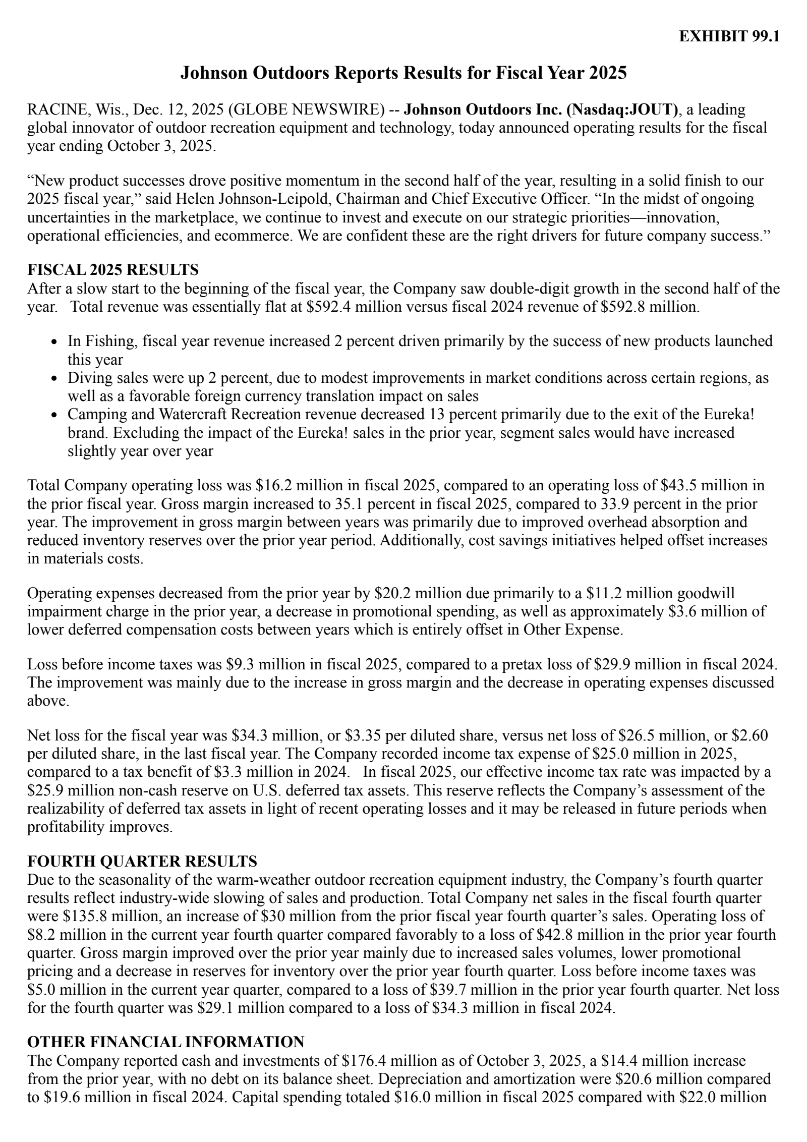 Johnson Outdoors' Q4 2025 Earnings Release