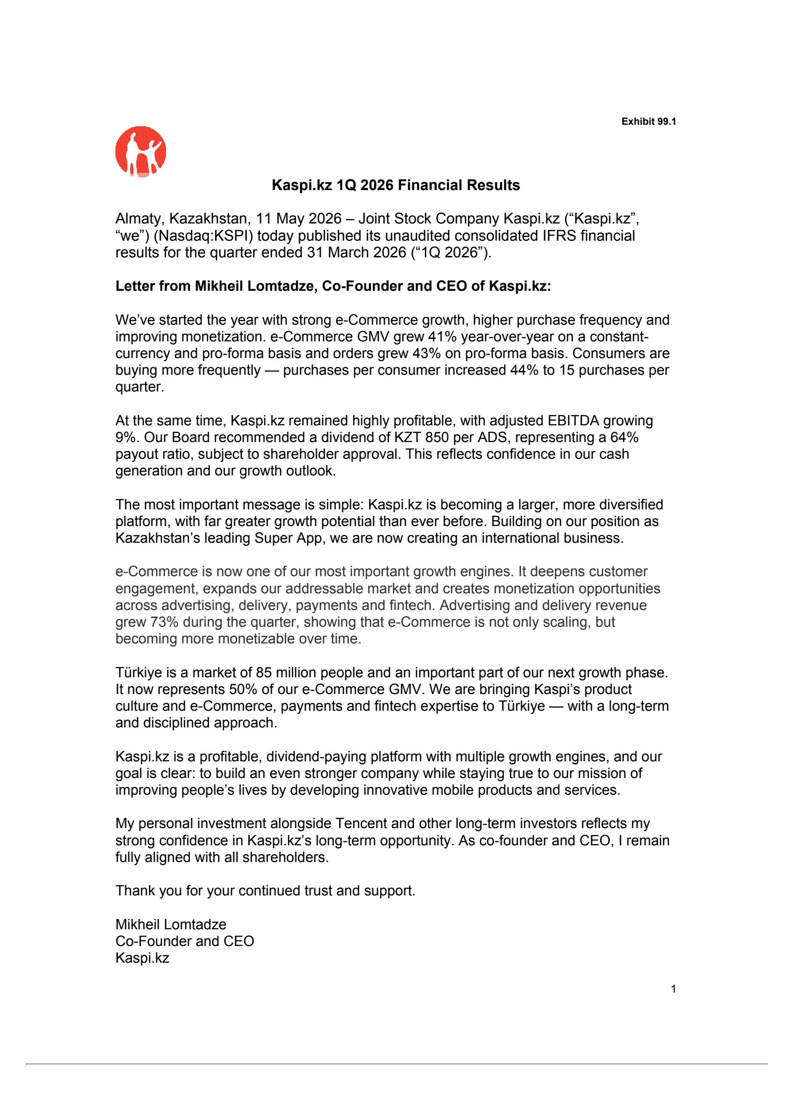 Joint Stock Company Kaspi.kz's Q1 2026 Press Release