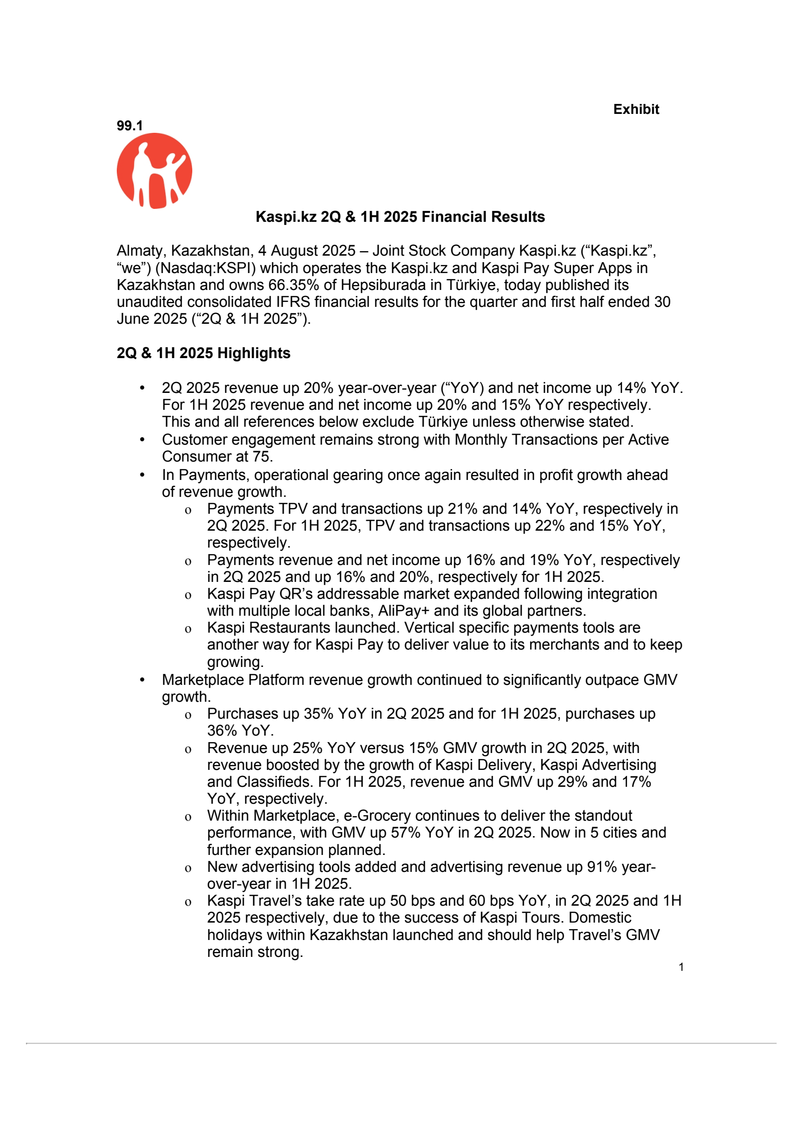 Joint Stock Company Kaspi.kz's Q2 2025 Press Release