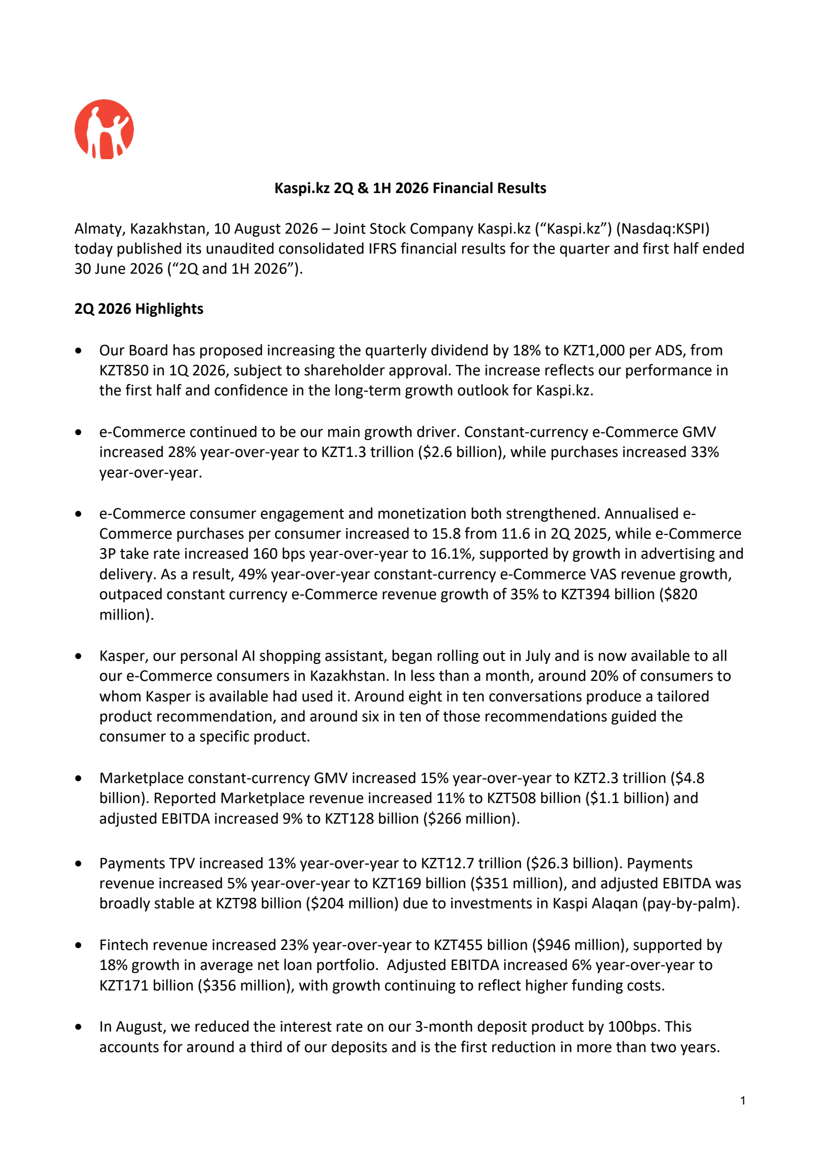 Joint Stock Company Kaspi.kz's Q2 2026 Press Release