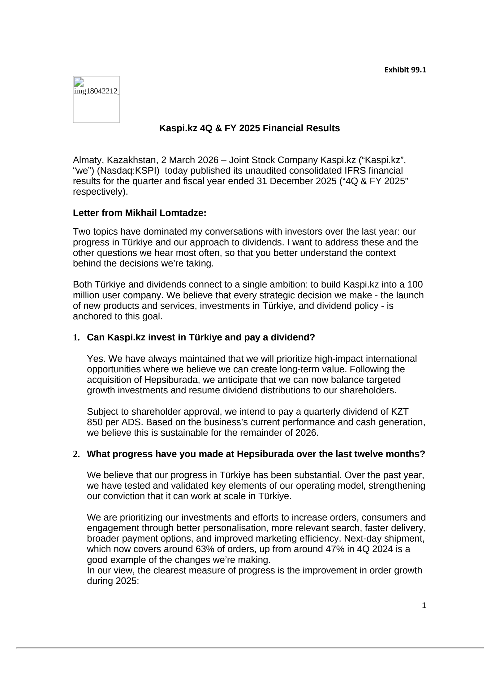 Joint Stock Company Kaspi.kz's Q4 2025 Press Release