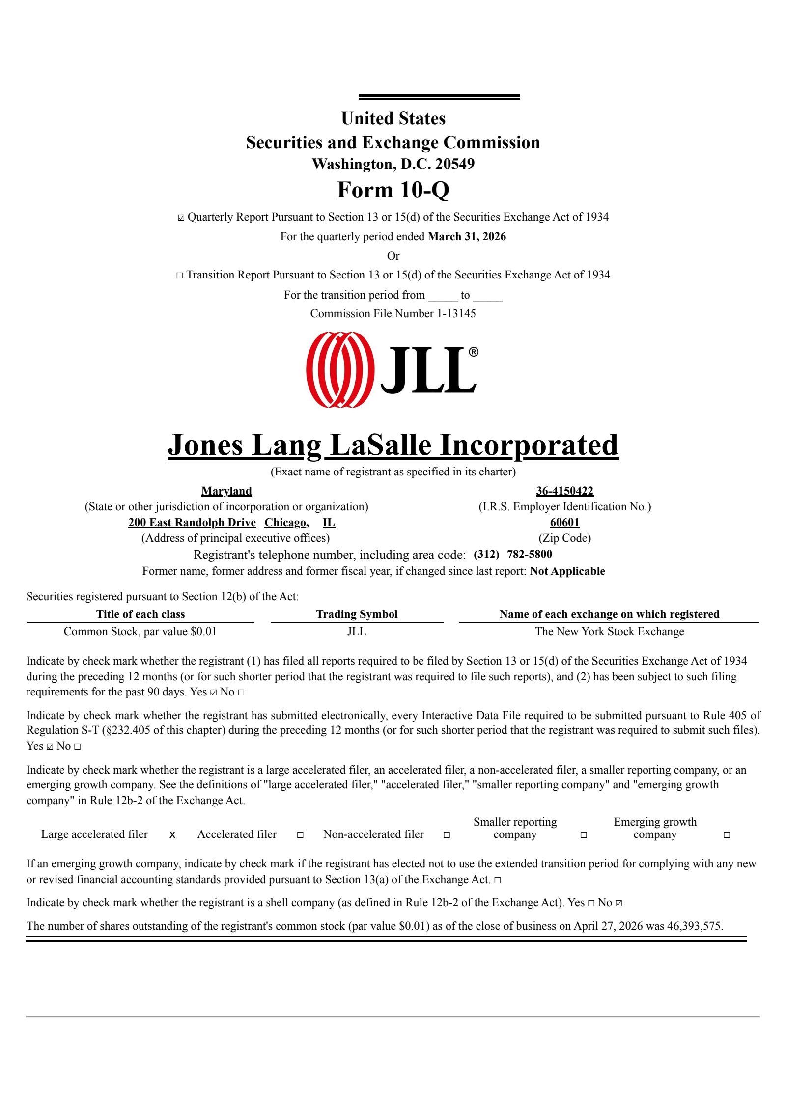 Jones Lang LaSalle's Q1 2026 Quarterly report