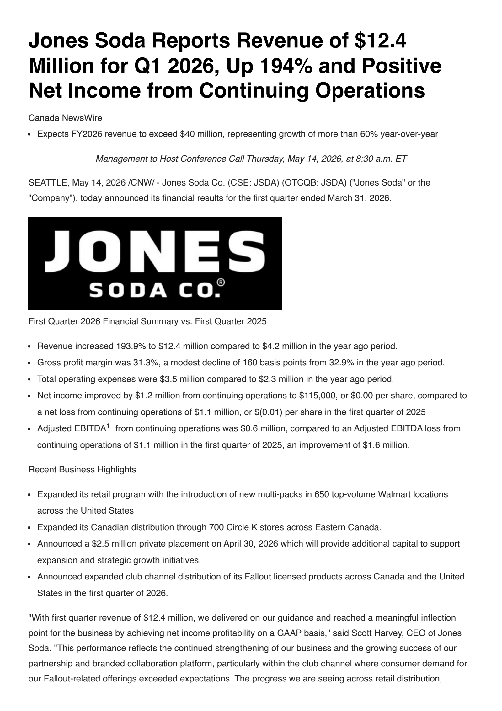 Jones Soda's Q1 2026 Press Release
