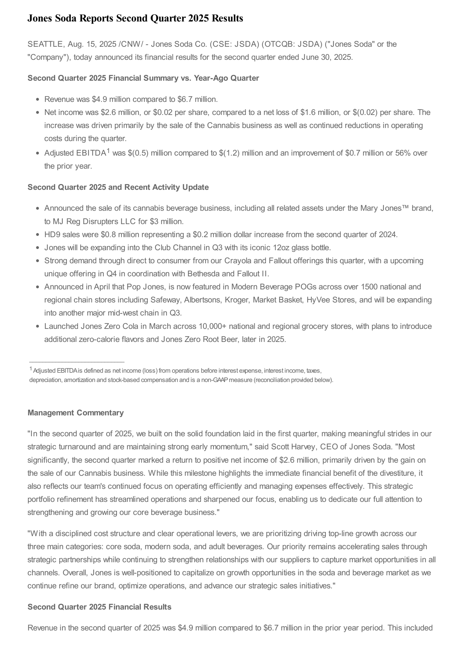 Jones Soda's Q2 2025 Press Release